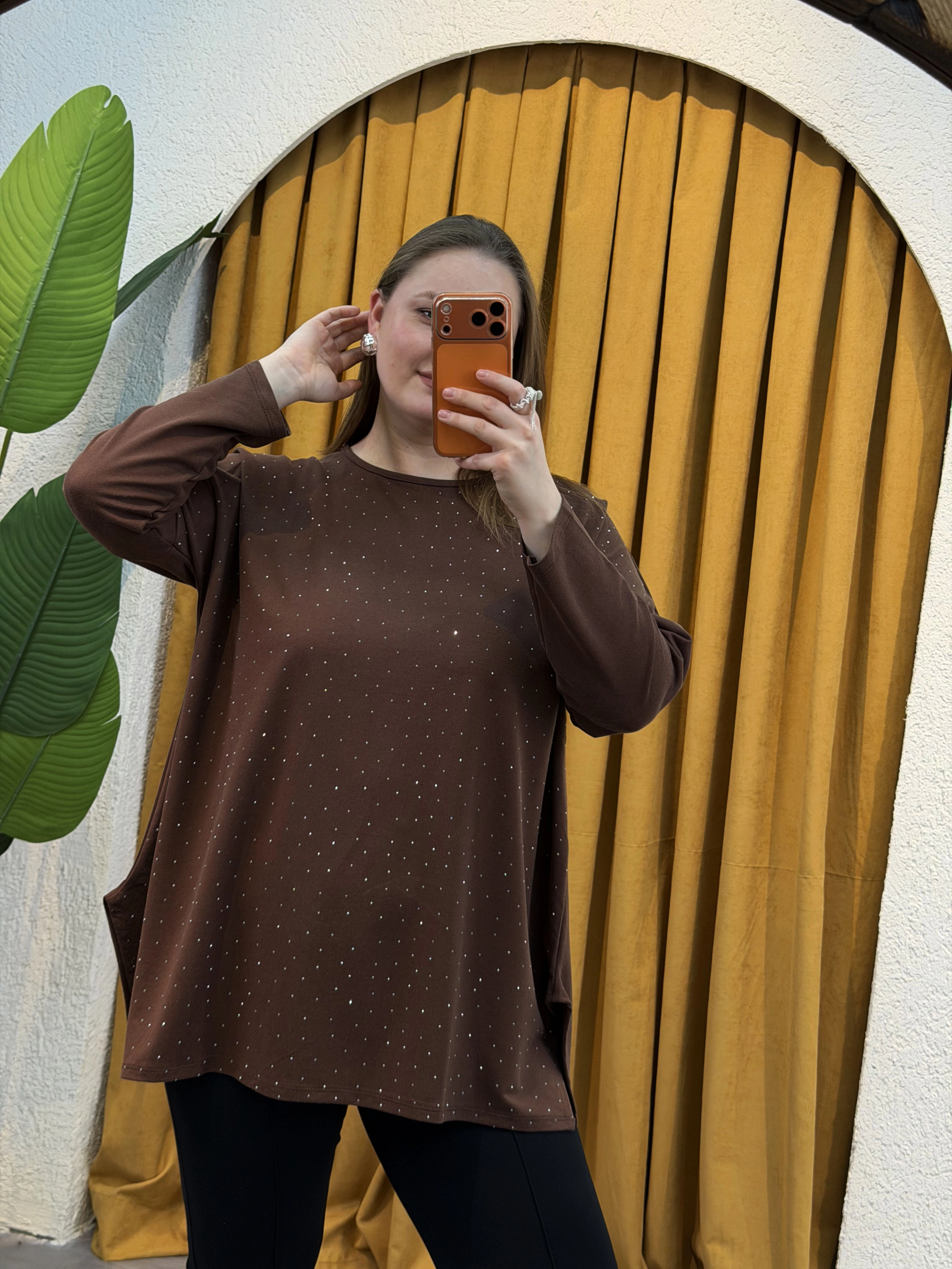 Modal Kumaş Esnek Taş Detaylı Bluz - Kahverengi