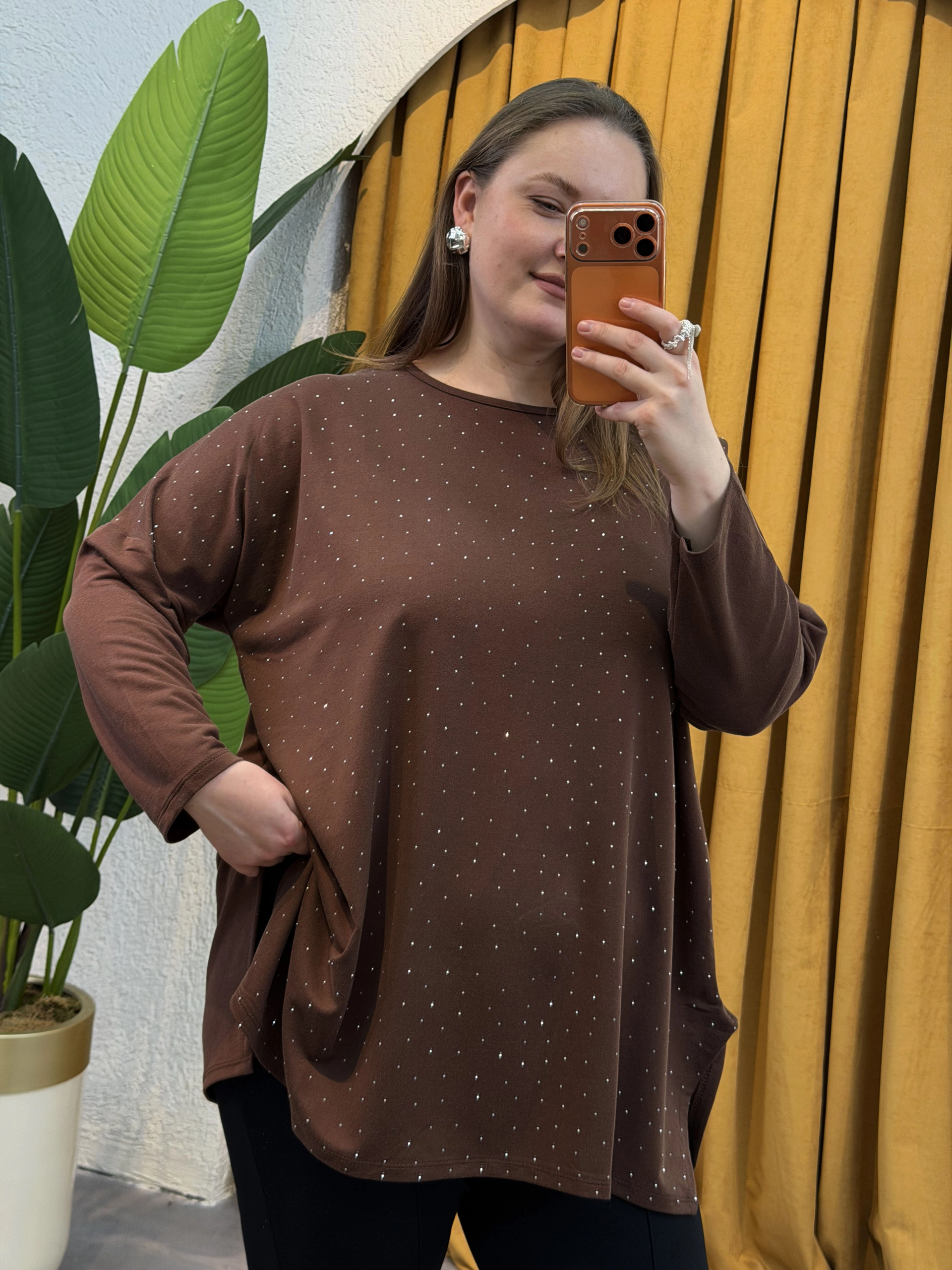 Modal Kumaş Esnek Taş Detaylı Bluz - Kahverengi