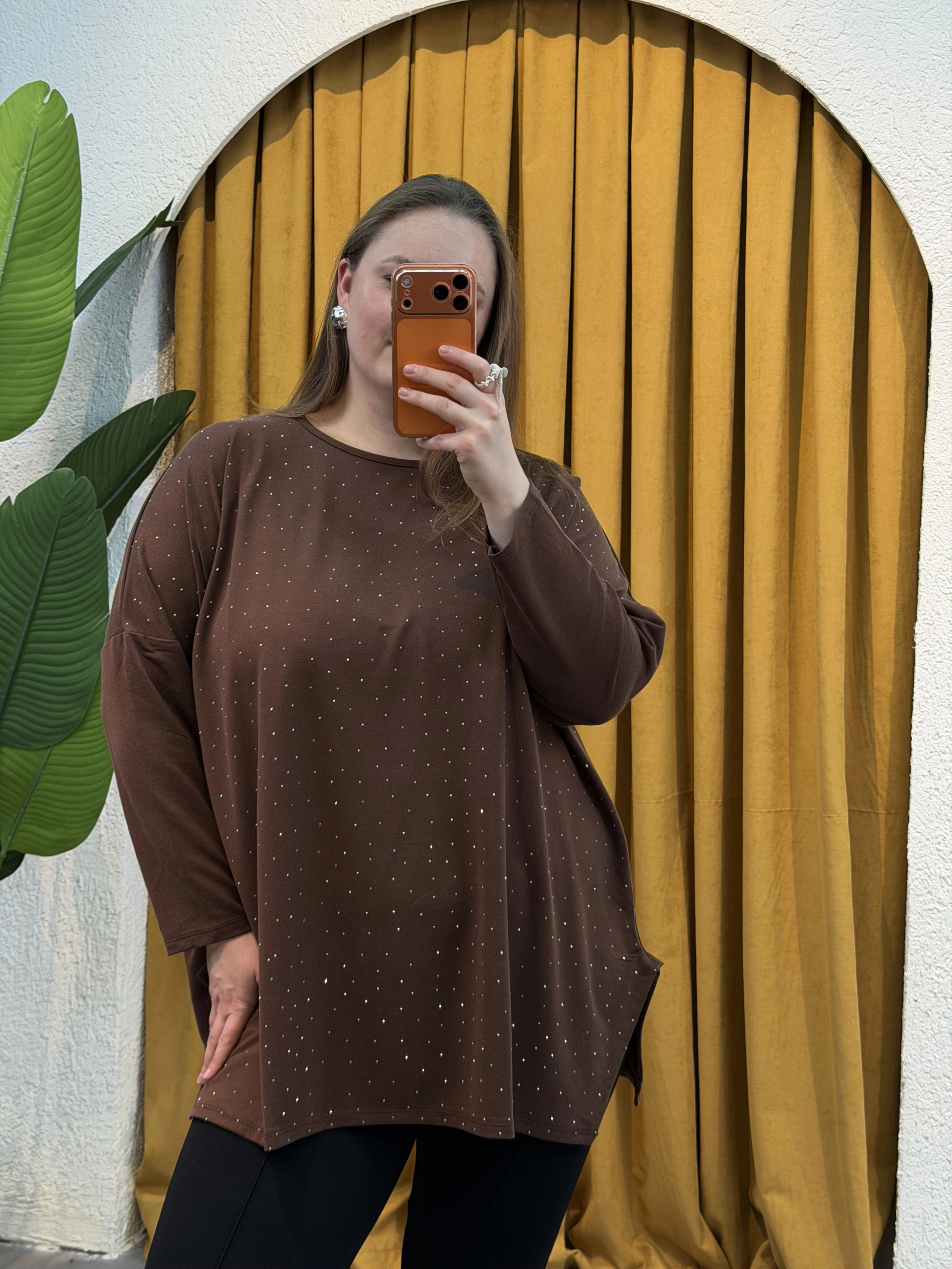 Modal Kumaş Esnek Taş Detaylı Bluz - Kahverengi