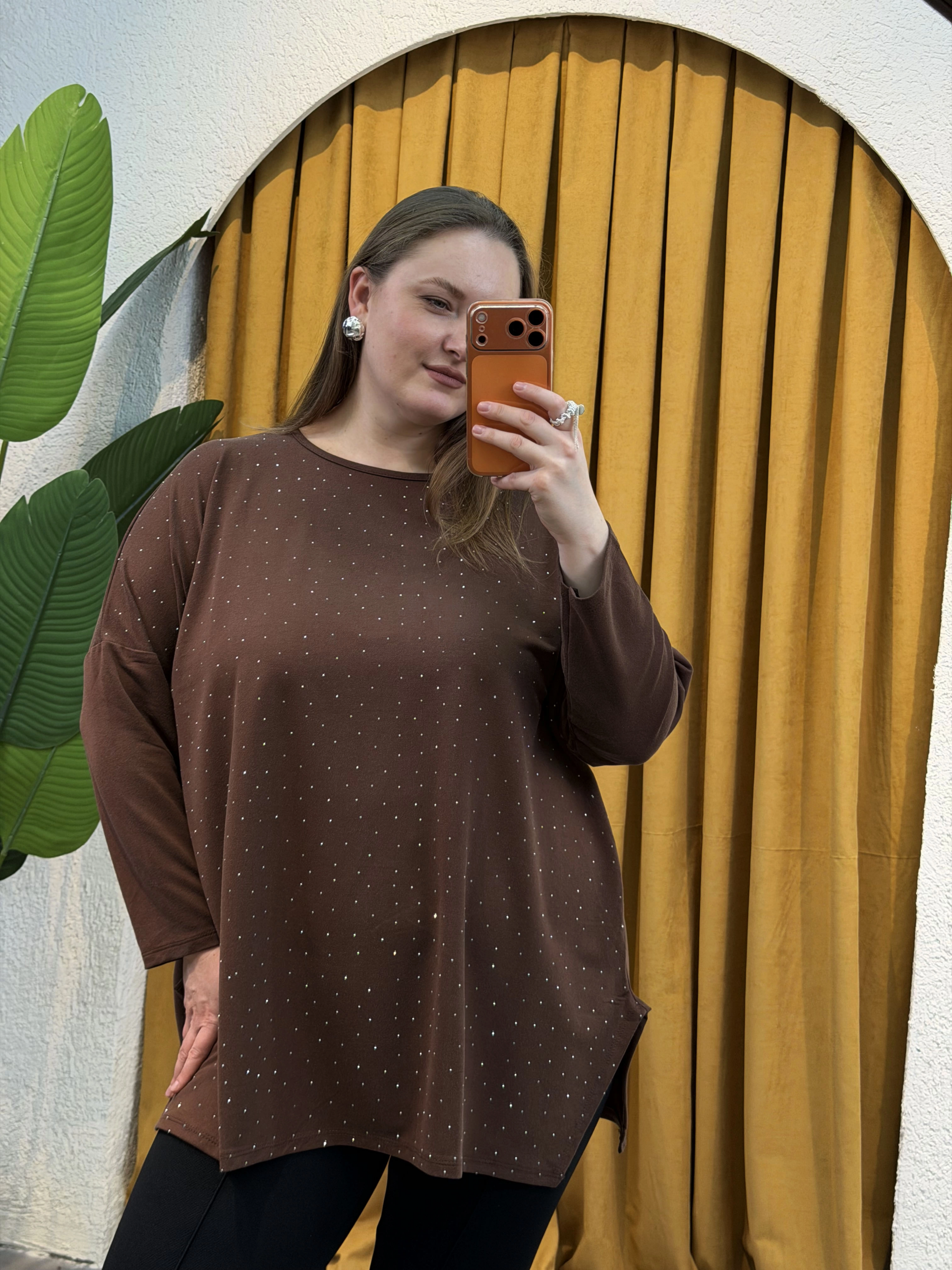 Modal Kumaş Esnek Taş Detaylı Bluz - Kahverengi