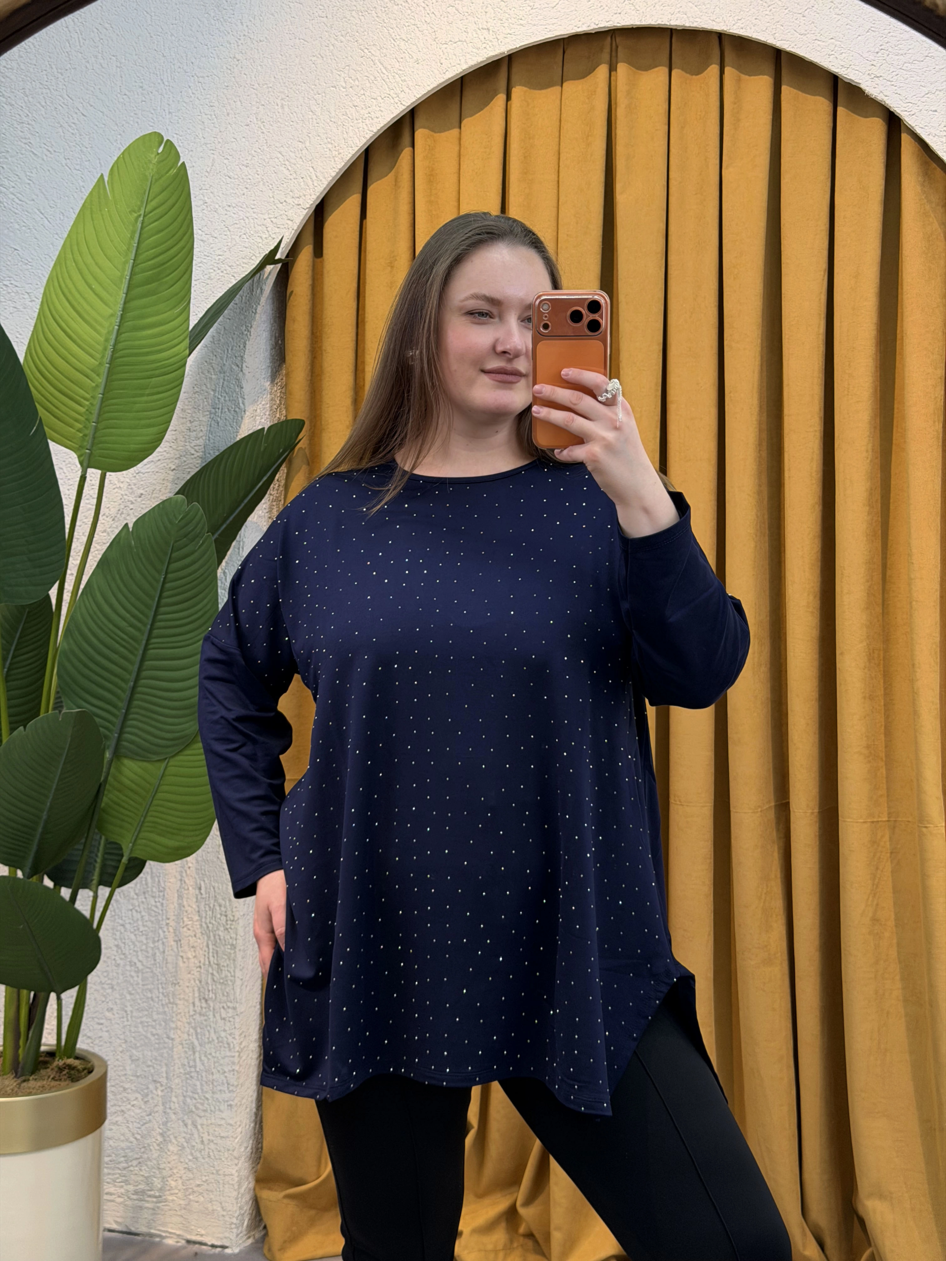 Modal Kumaş Esnek Taş Detaylı Bluz - Lacivert