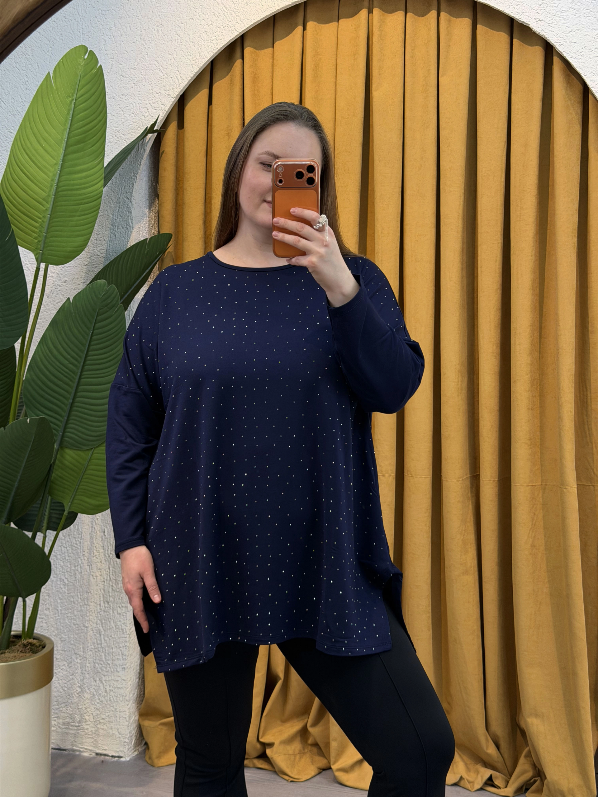 Modal Kumaş Esnek Taş Detaylı Bluz - Lacivert