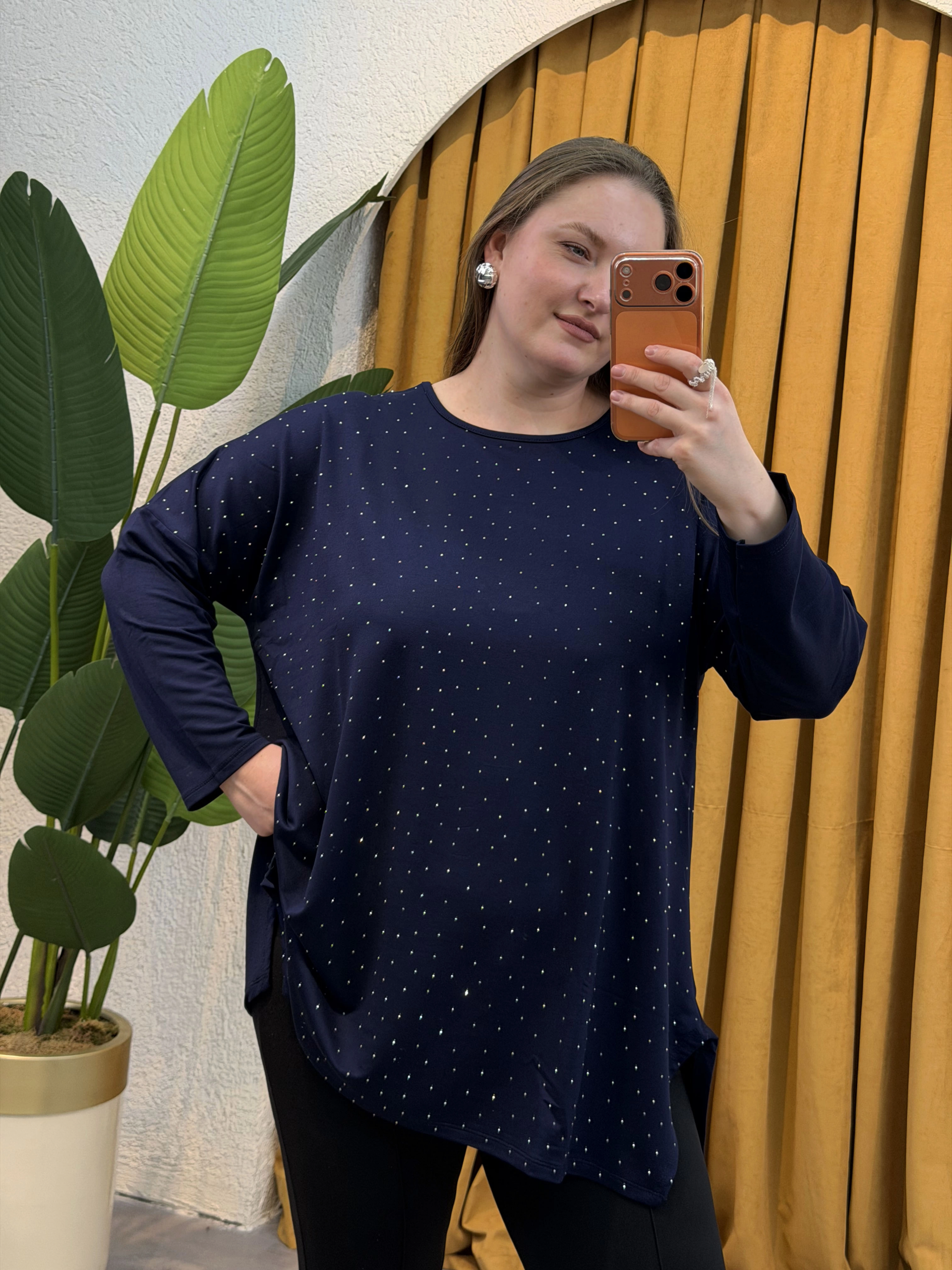 Modal Kumaş Esnek Taş Detaylı Bluz - Lacivert