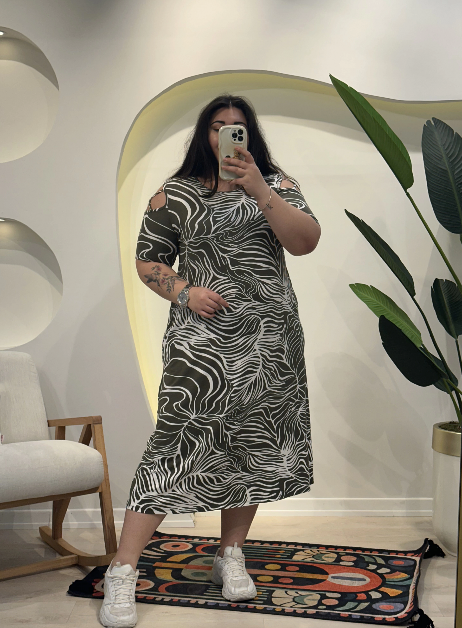 Omuz Detay Esnek Penye Elbise - Haki Zebra Desenli