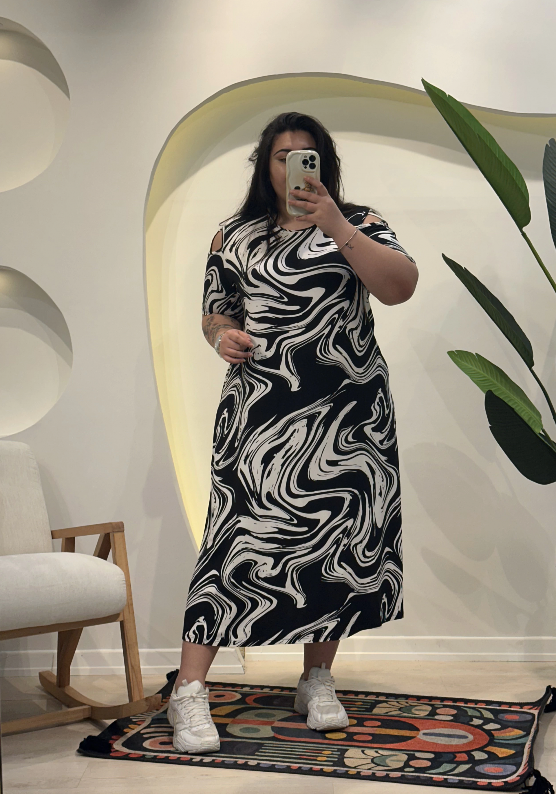 Omuz Detay Esnek Penye Elbise - Su Yolu Desenli