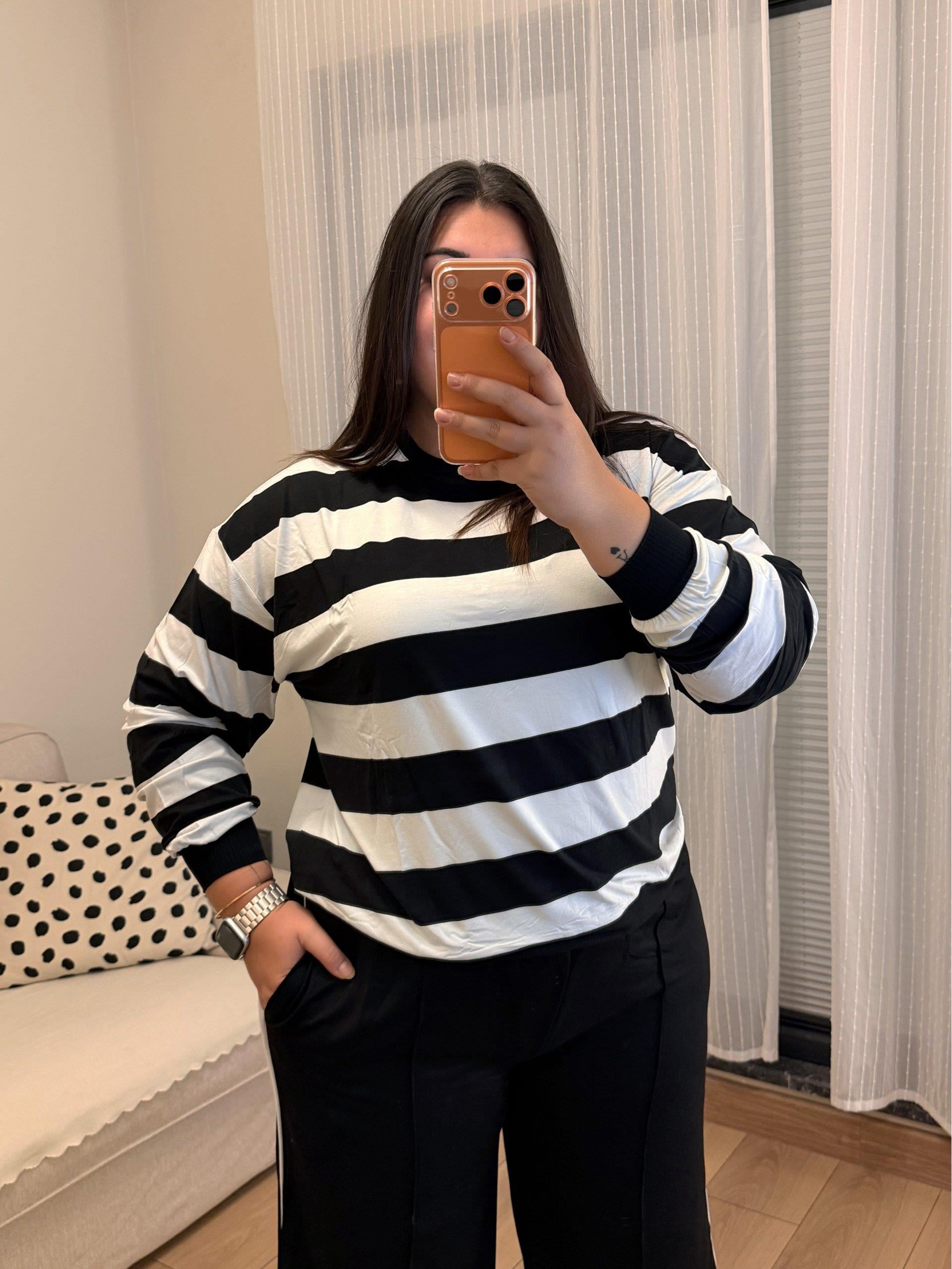 Oversize Pamuklu Penye Bluz - Çizgili