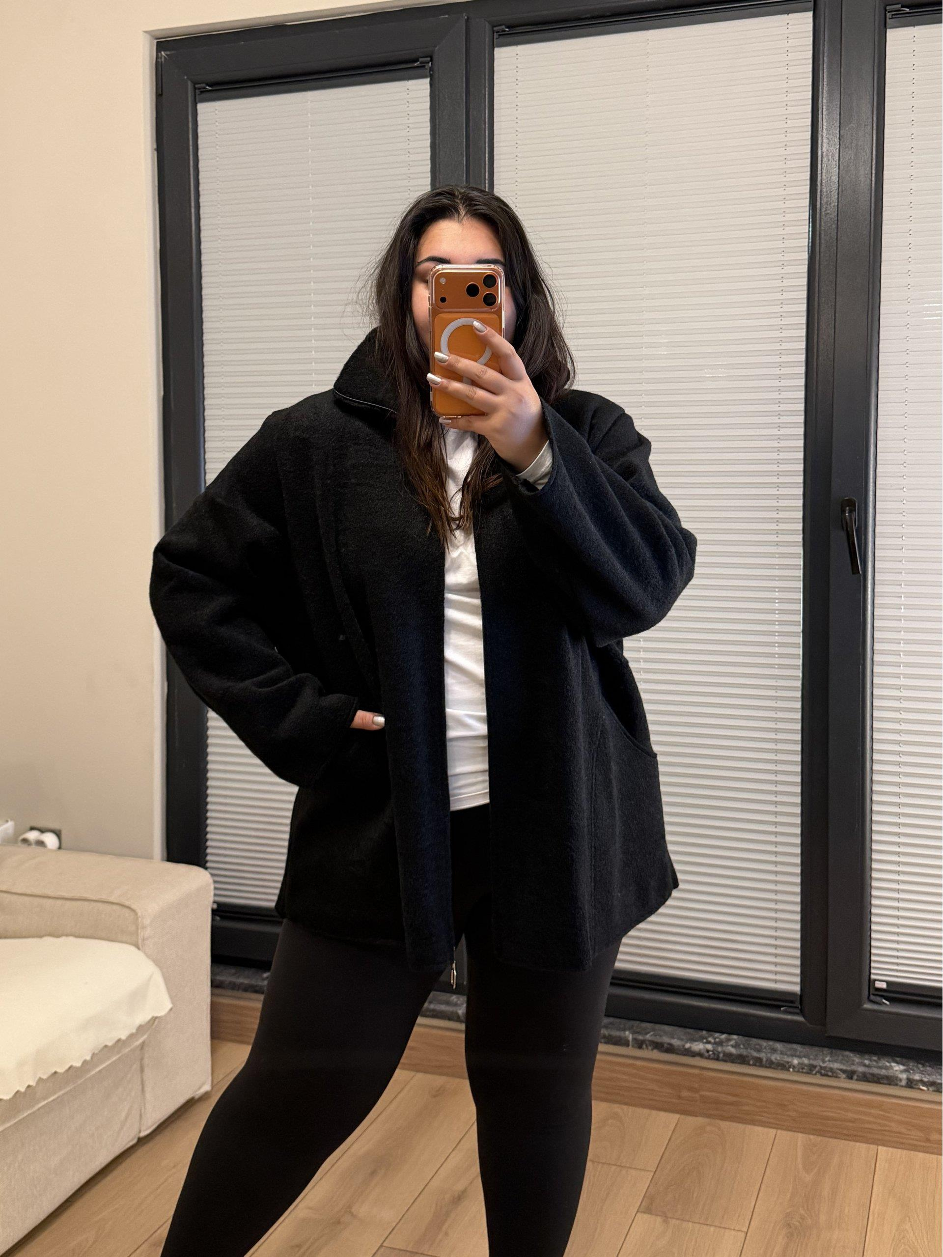 Oversize Premium Buklet Kumaş Kaban - Siyah