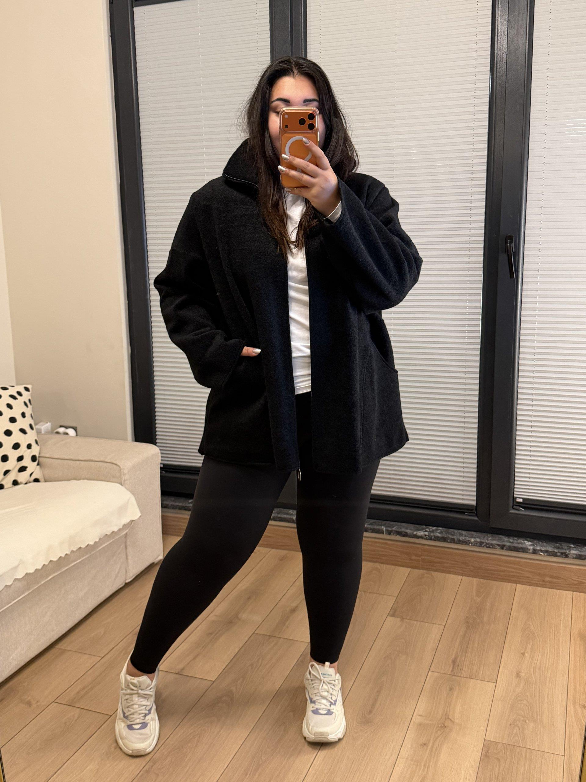 Oversize Premium Buklet Kumaş Kaban - Siyah