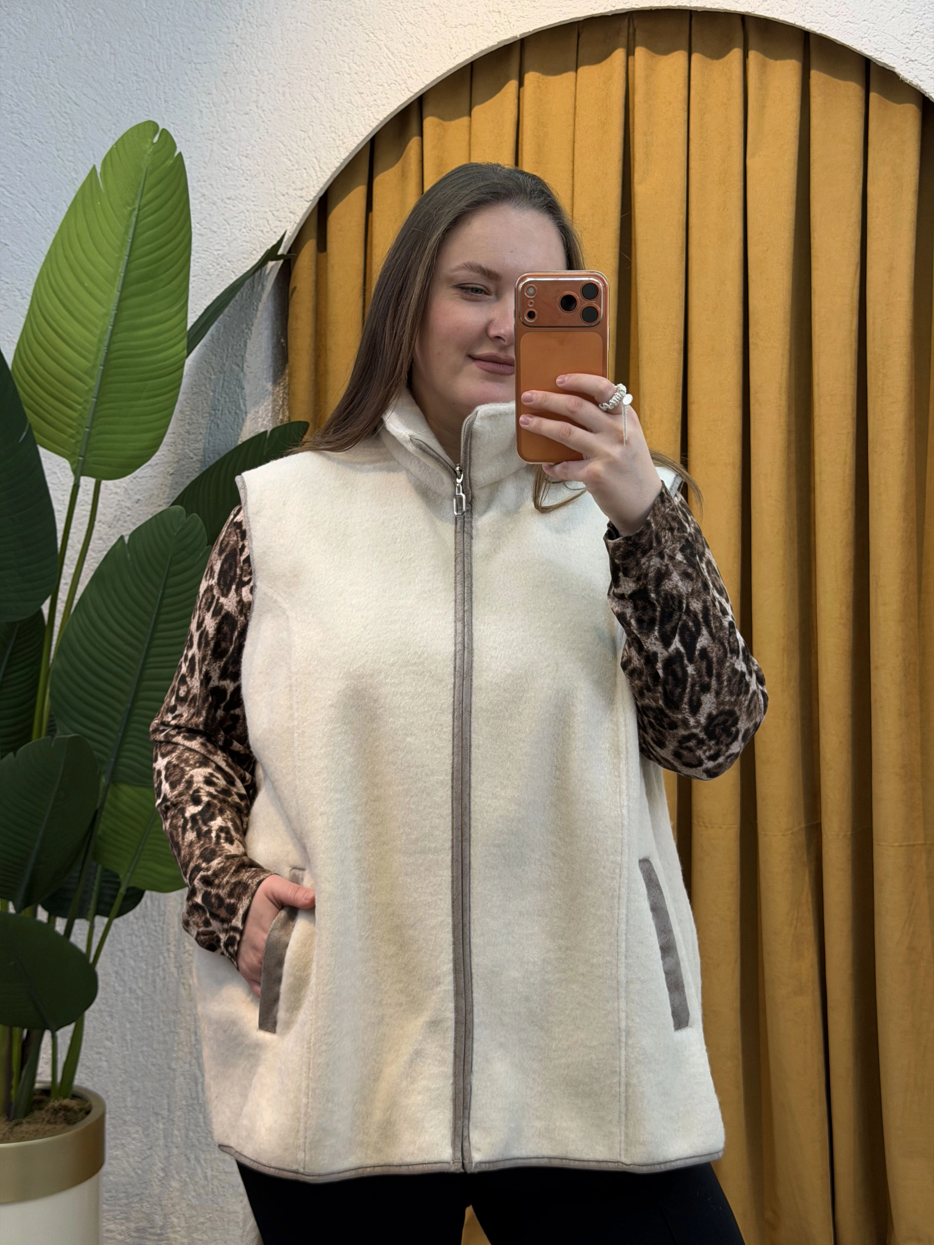 Oversize Premium Buklet Kumaş Yelek - Ekru