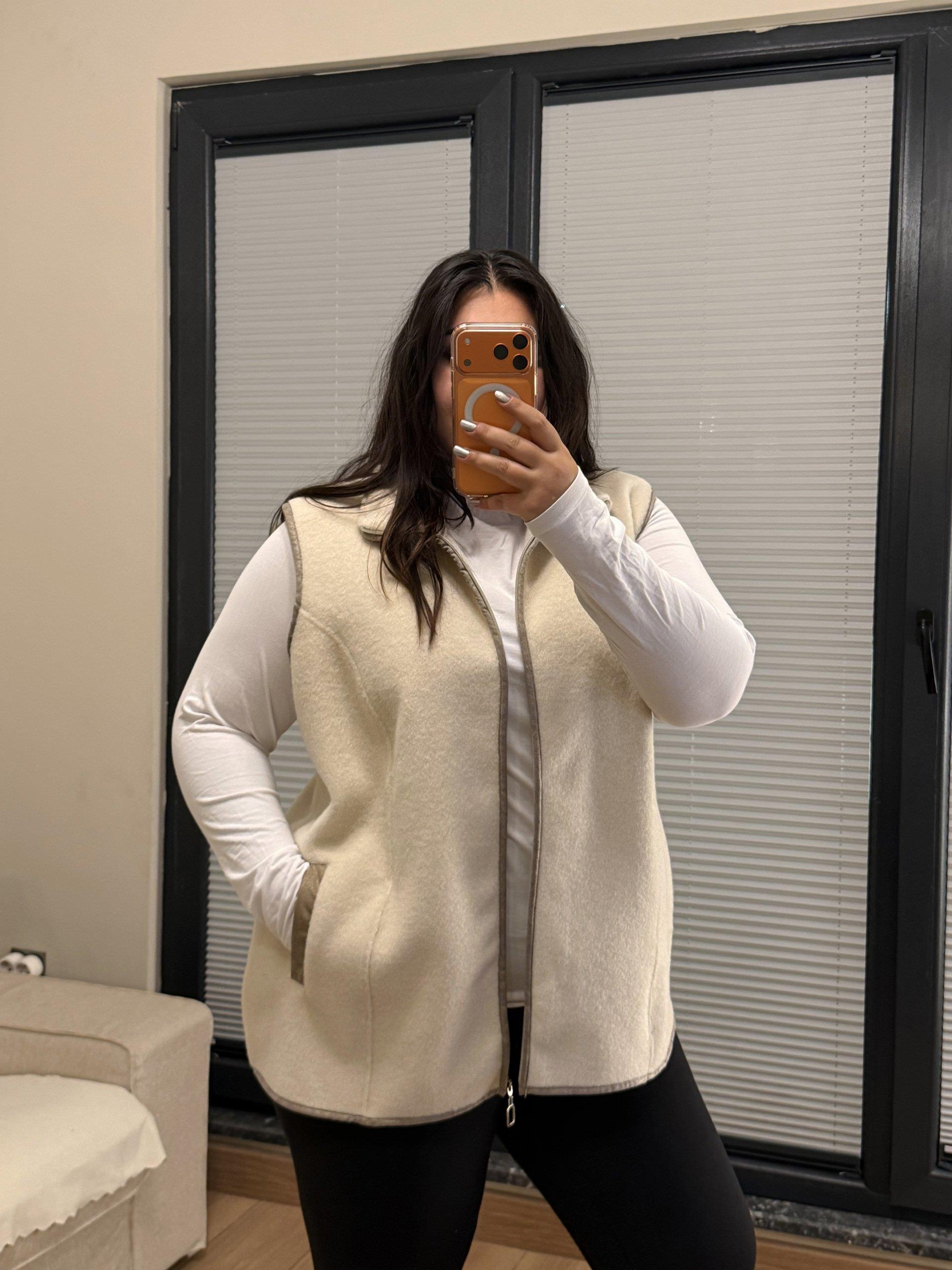 Oversize Premium Buklet Kumaş Yelek - Ekruu