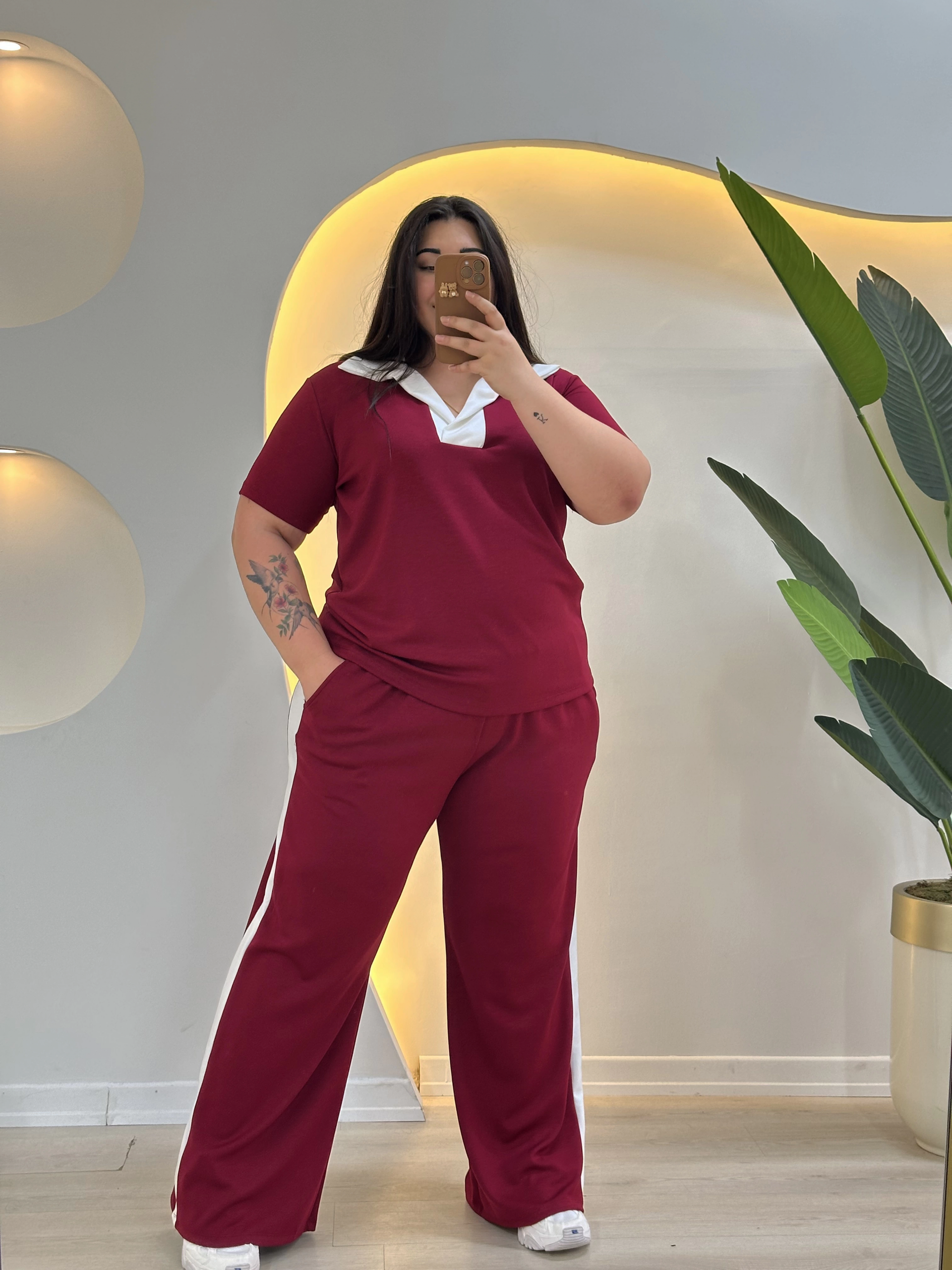 Oysho Modal Şeritli Polo Yaka Takım - Bordo