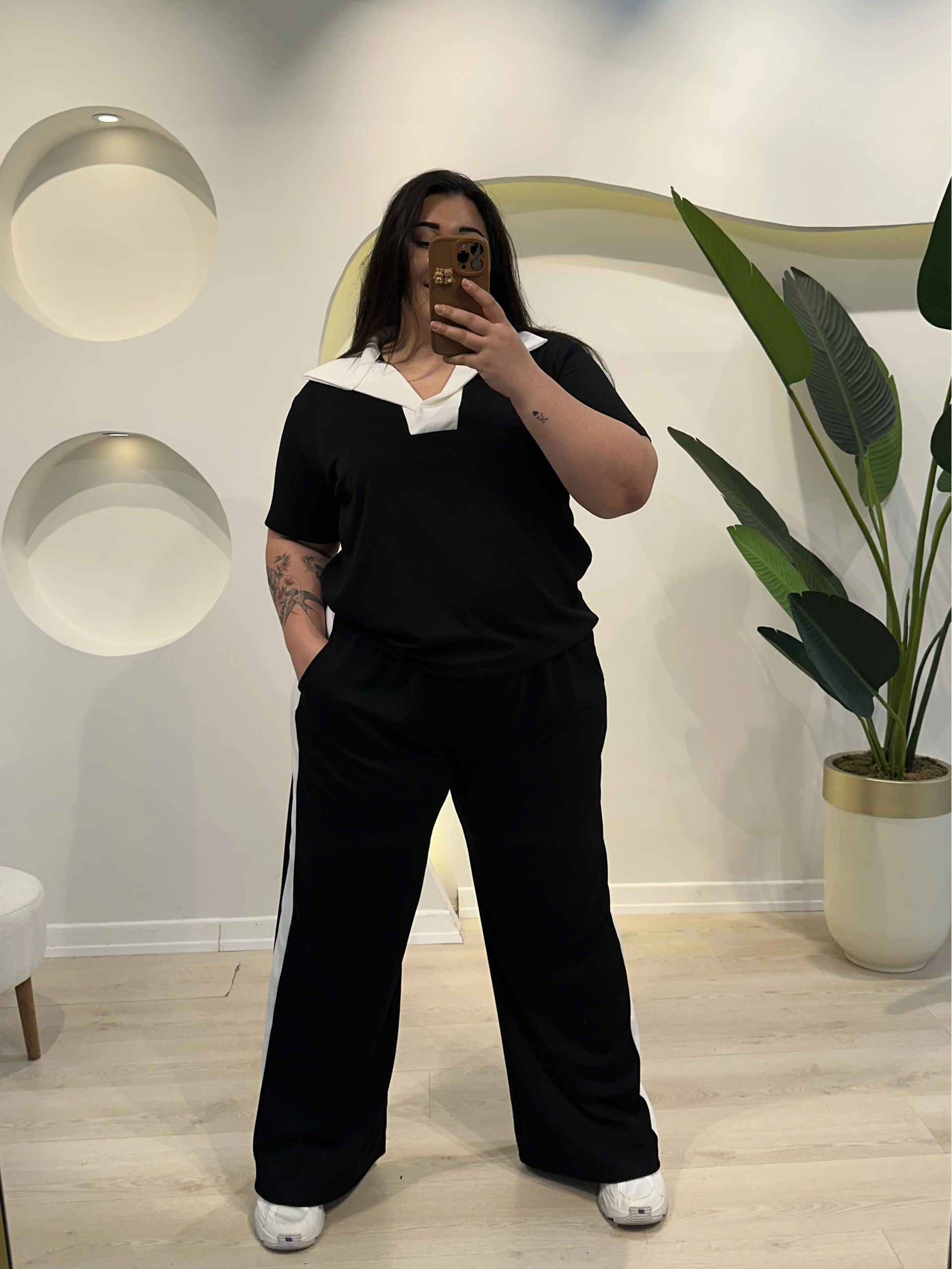 Oysho Modal Şeritli Polo Yaka Takım - Siyah