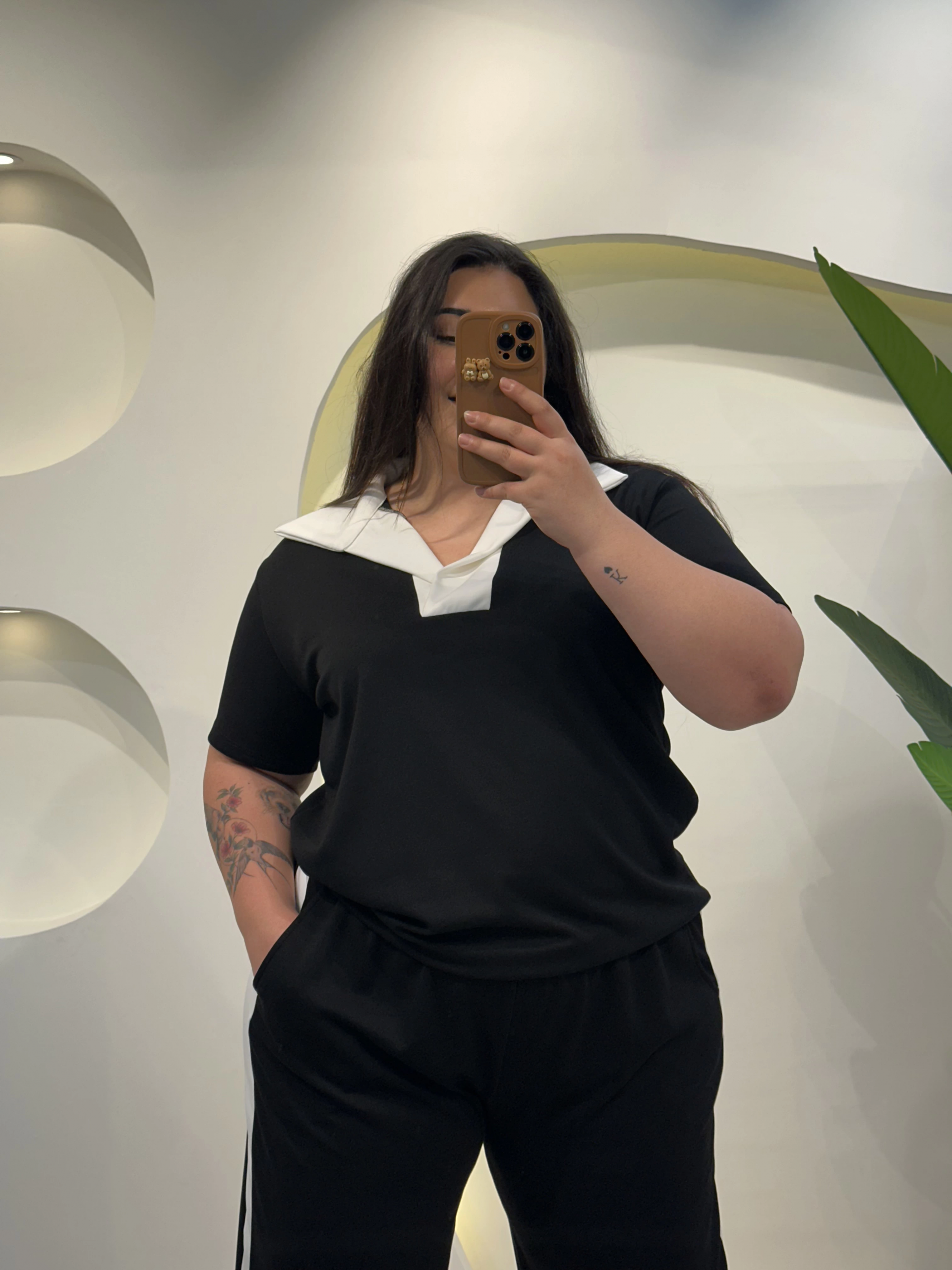 Oysho Modal Şeritli Polo Yaka Takım - Siyah