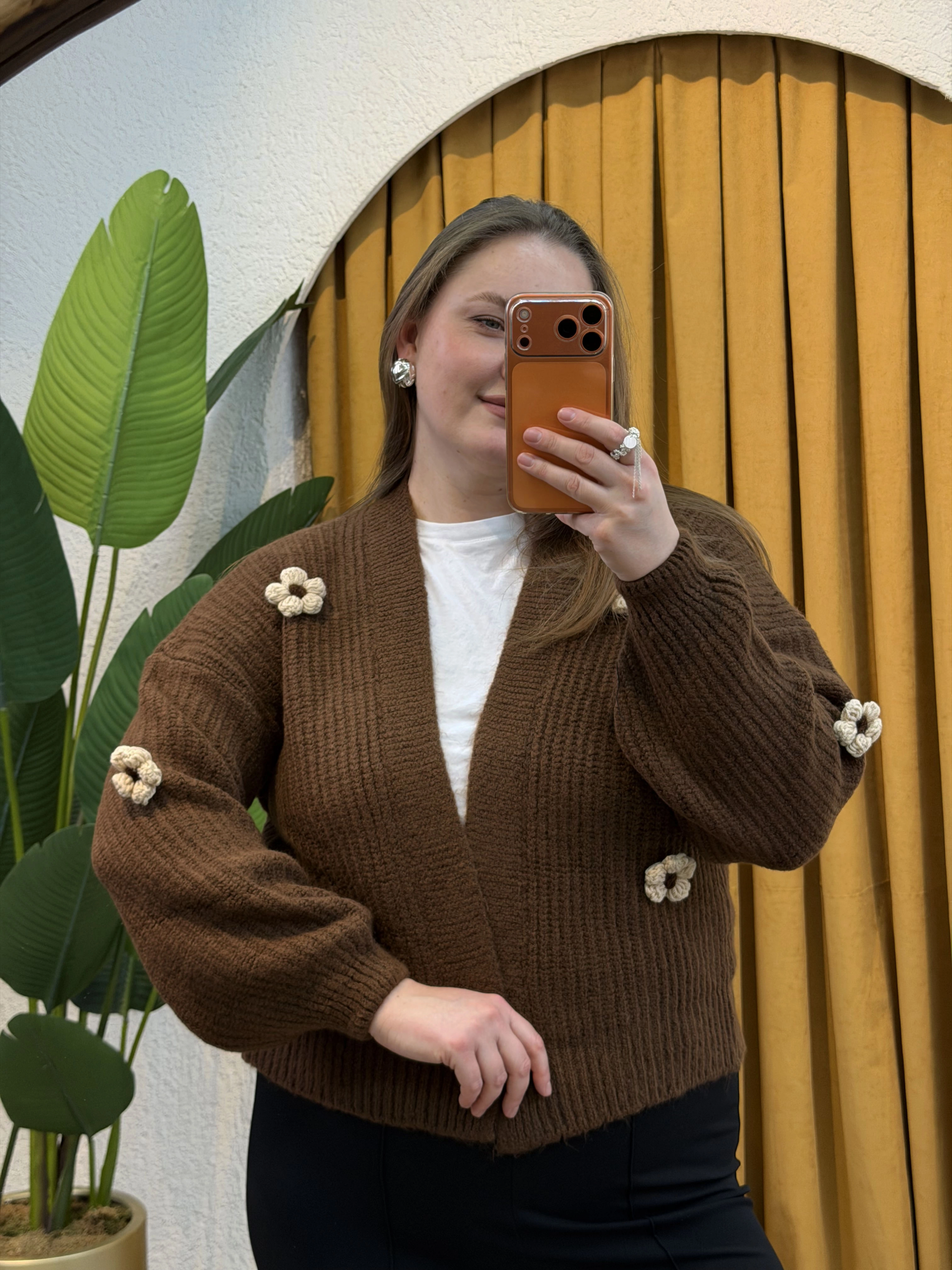 Papatyalı Örme Triko Hırka - Kahverengi