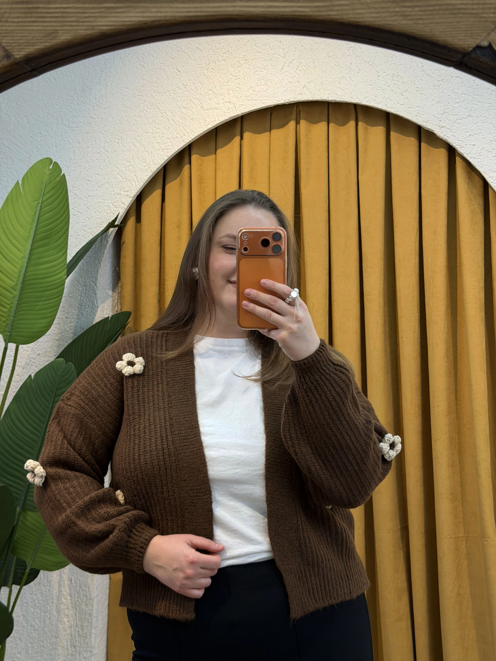 Papatyalı Örme Triko Hırka - Kahverengi