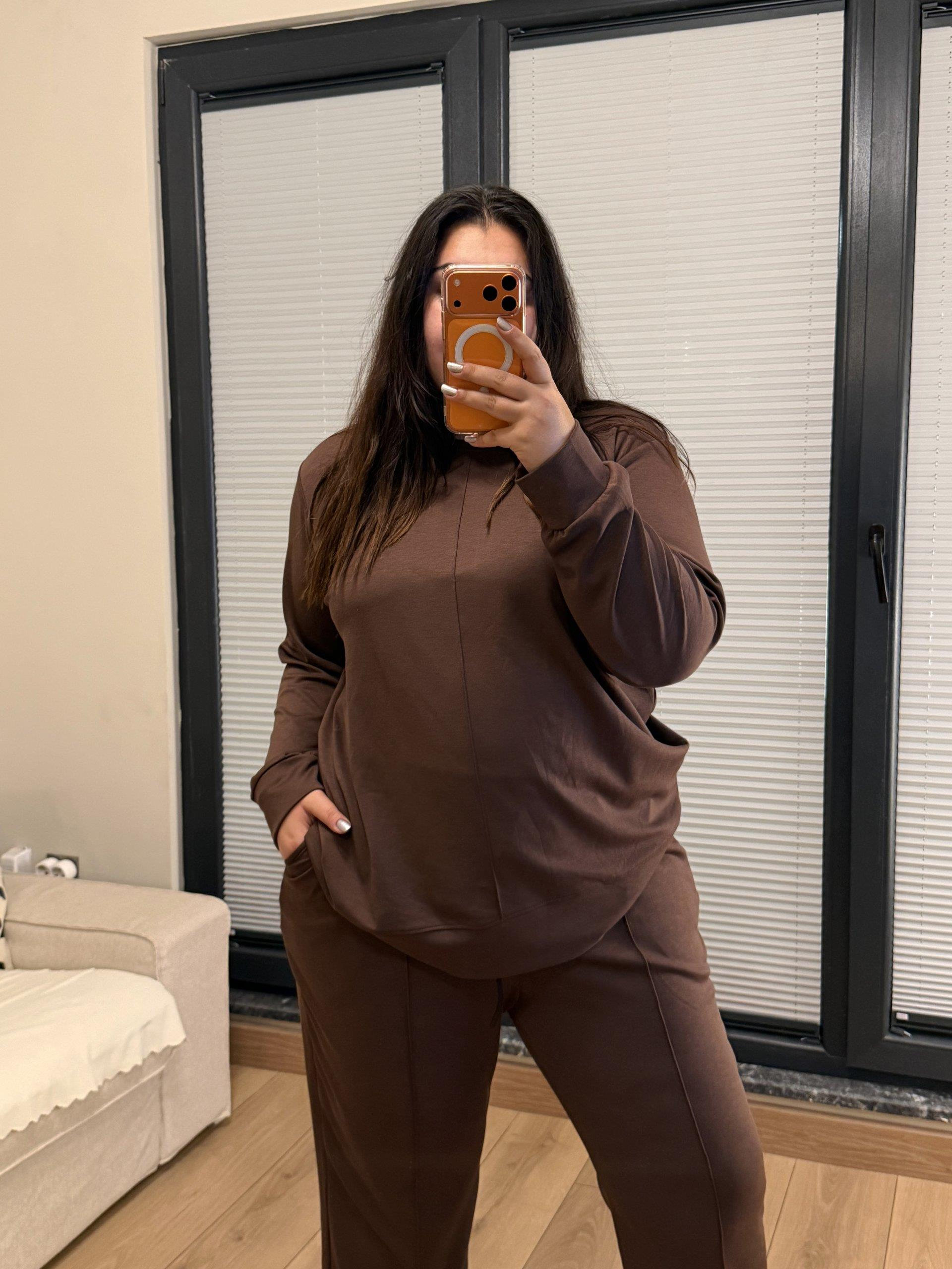 Premium Çıma Detaylı Modal Eşofman Takımı - Kahverengi