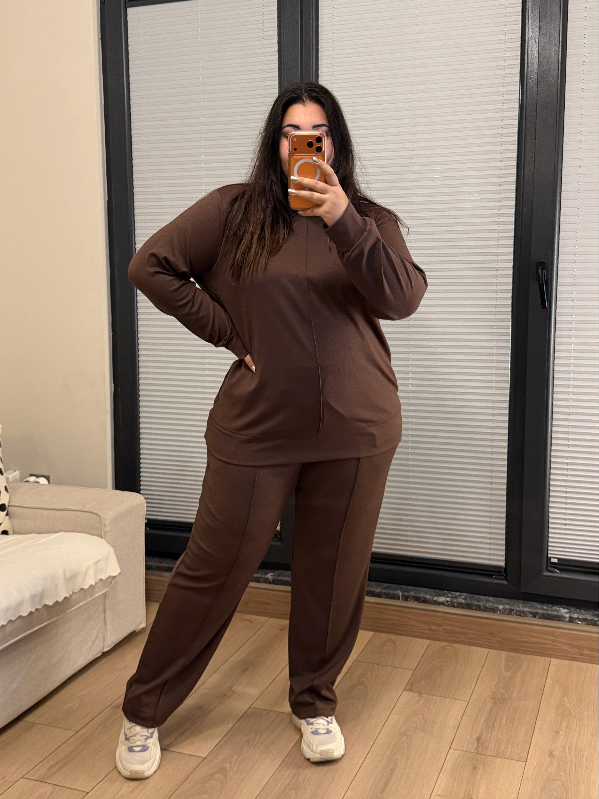 Premium Çıma Detaylı Modal Eşofman Takımı - Kahverengi