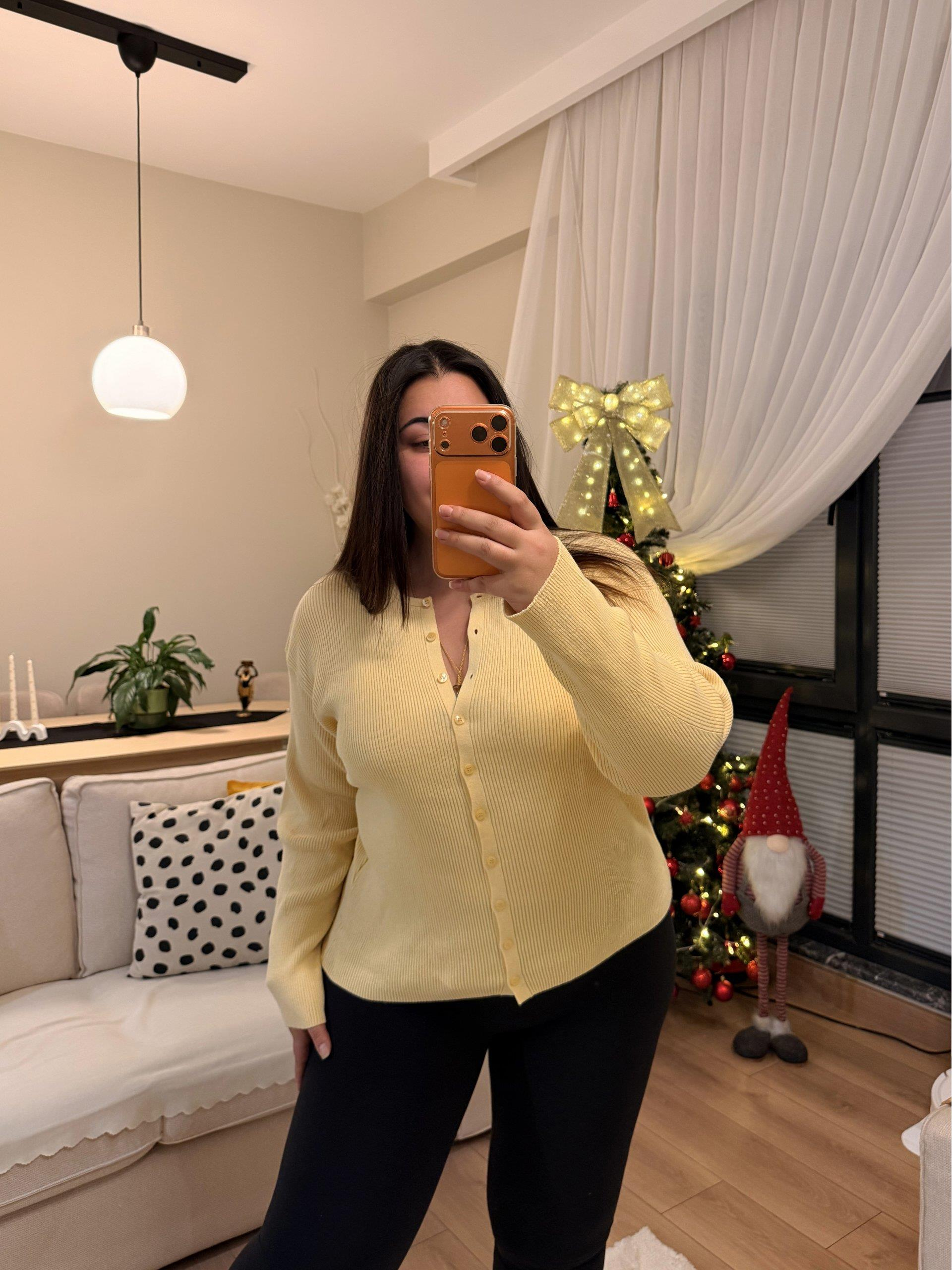 Premium Çizgili Düğmeli Triko Hırka - Sarı