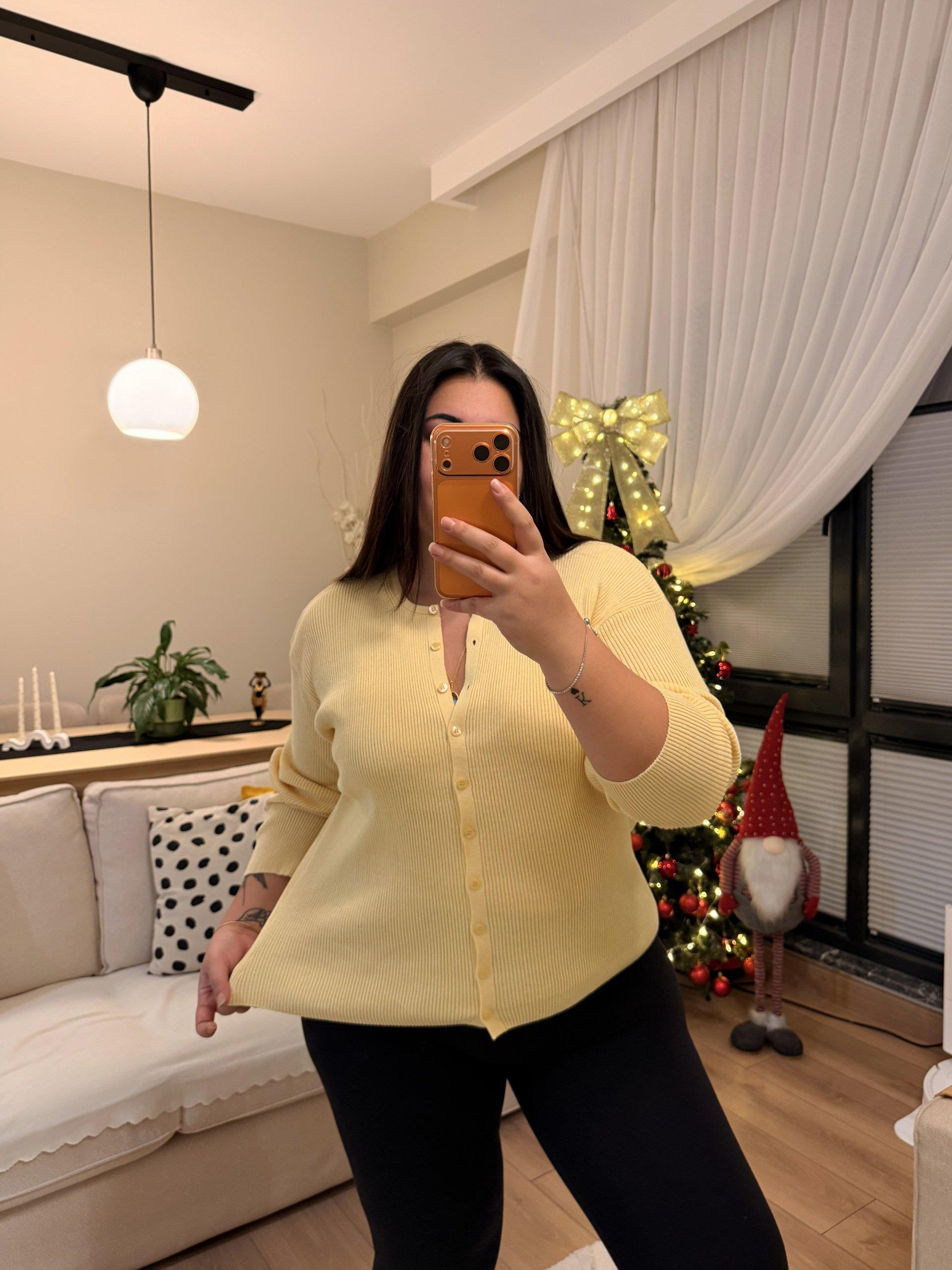 Premium Çizgili Düğmeli Triko Hırka - Sarı