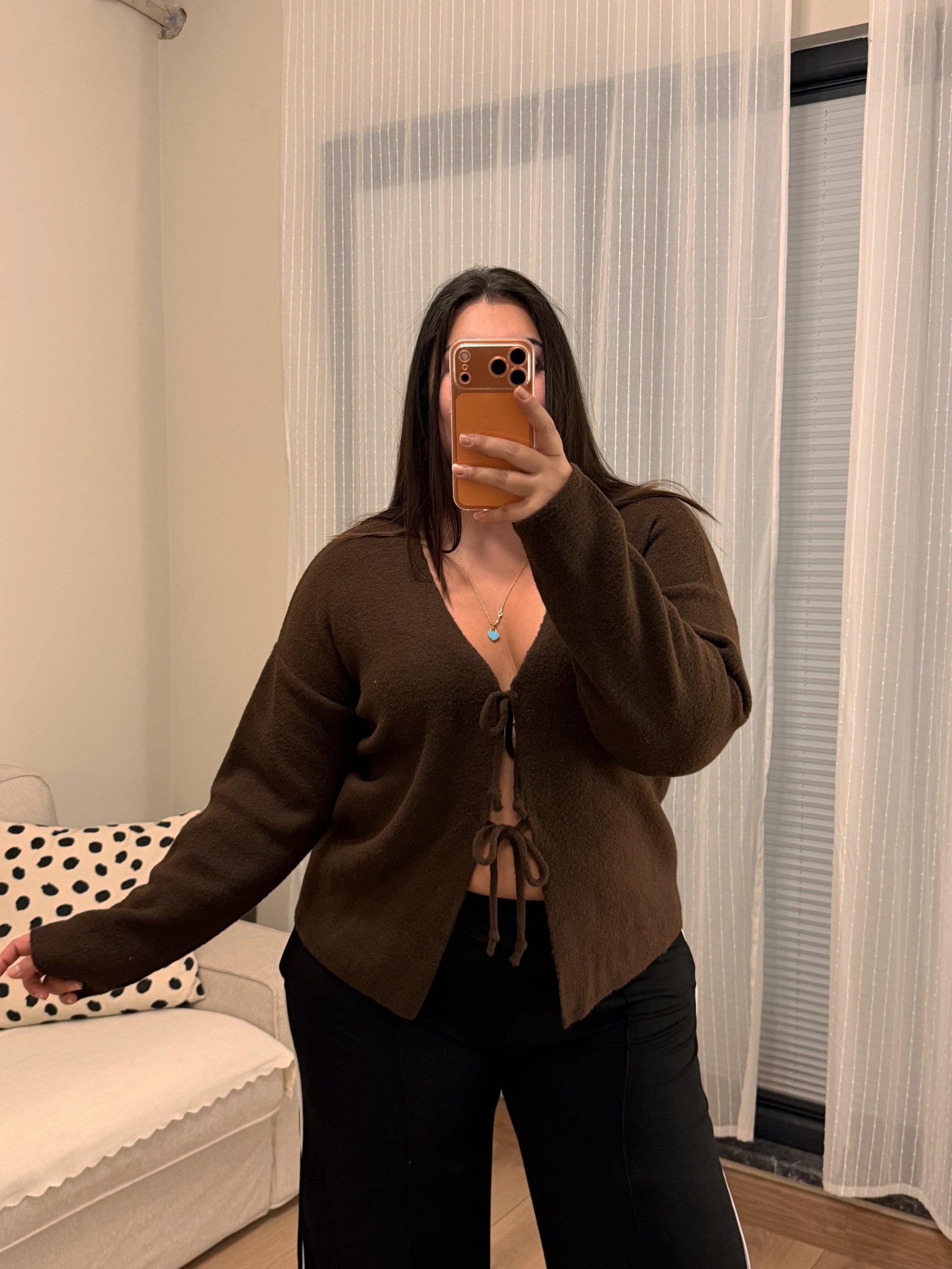 Premium Fiyonk Detaylı Sakallı Triko Bluz - Kahverengi