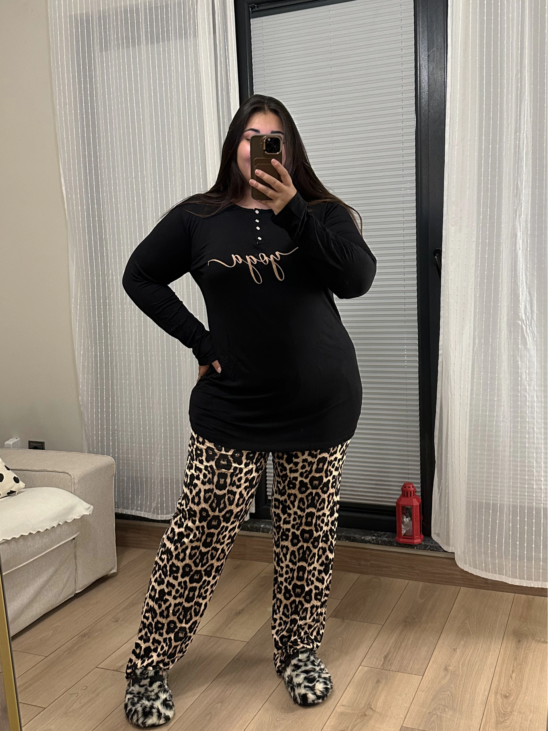 Premium Likralı Penye Pijama Takımı - Yoga Leopar