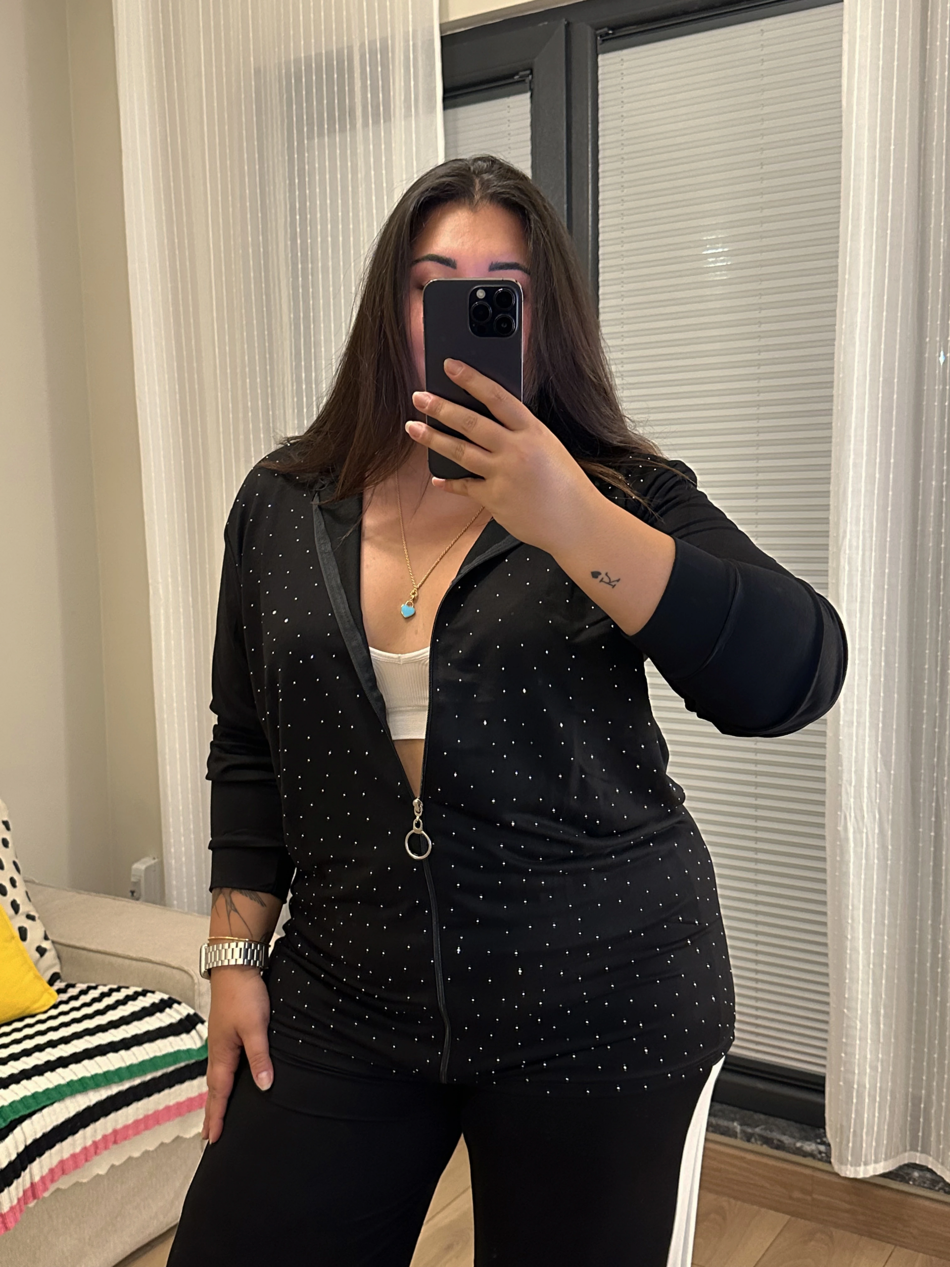 Taş Detaylı Fermuarlı Modal Hırka - Siyah