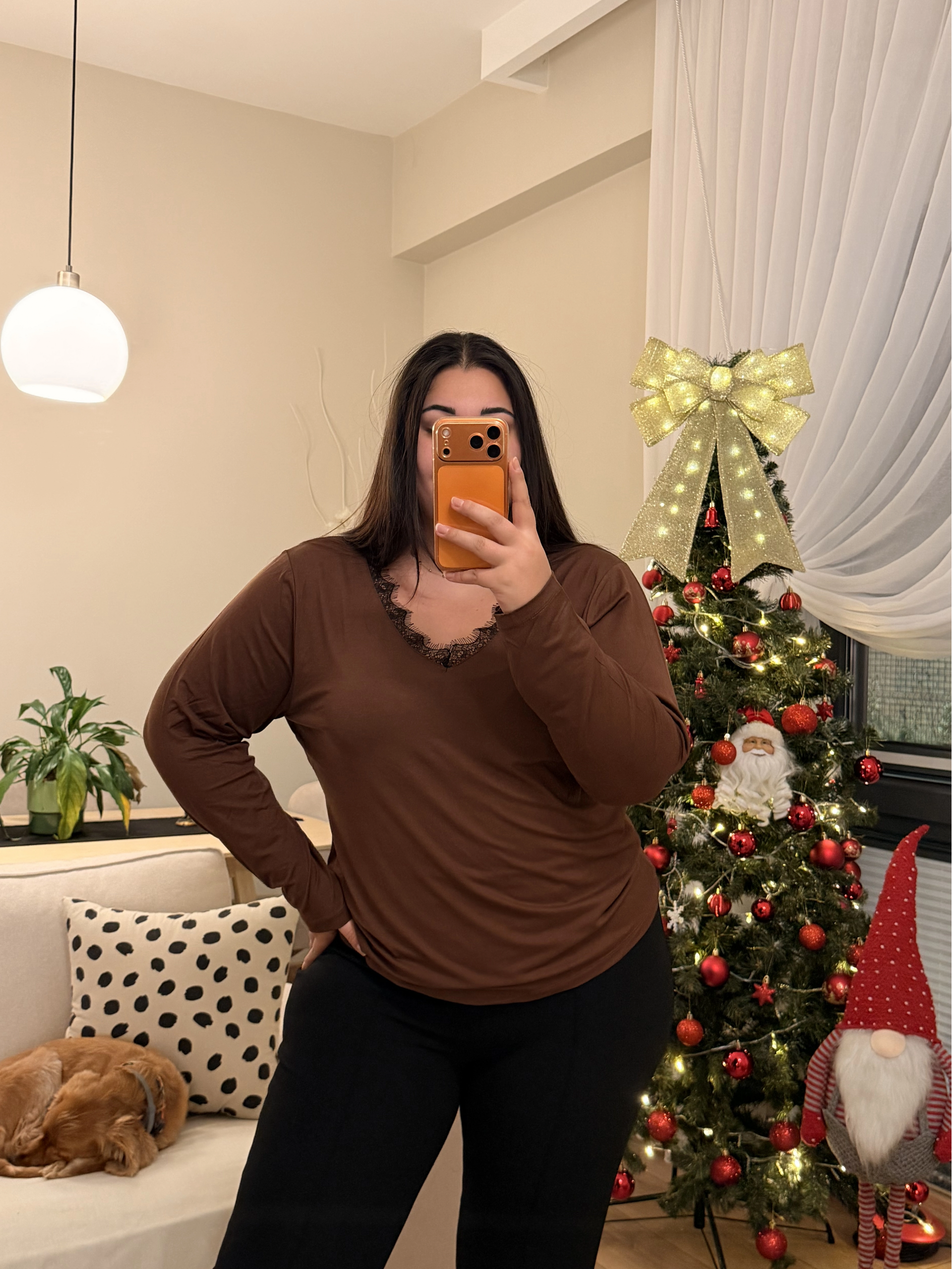 V Yaka Dantel Detaylı Esnek Modal Bluz - Kahverengi