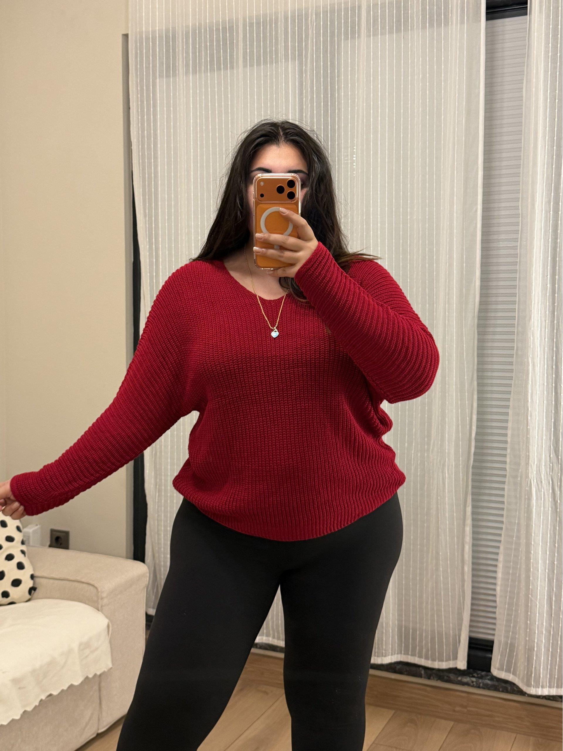 V Yaka Esnek Selanik Triko Bluz - Kırmızı