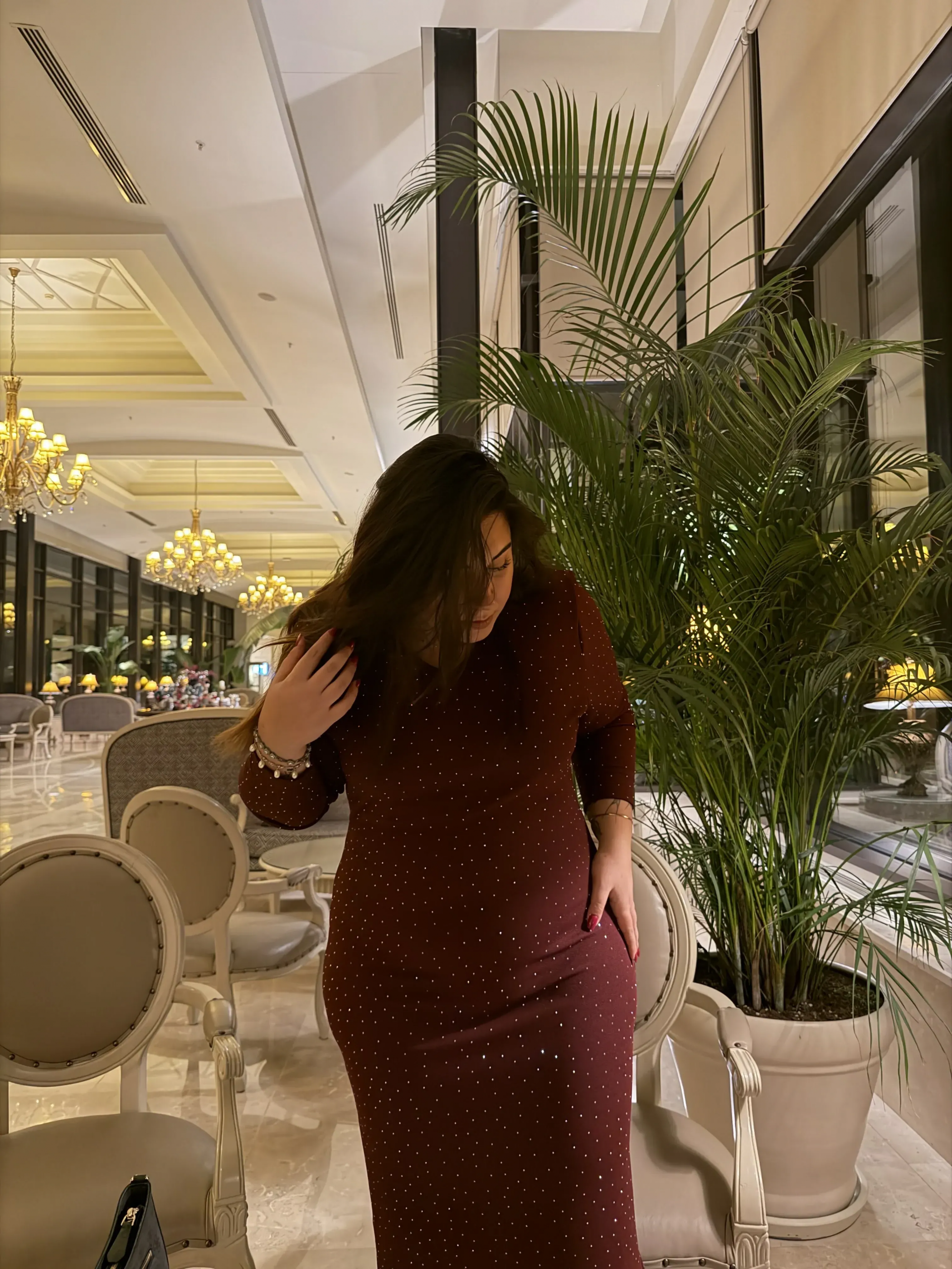 V Yaka Zara Krep Shine Elbise - Bordo