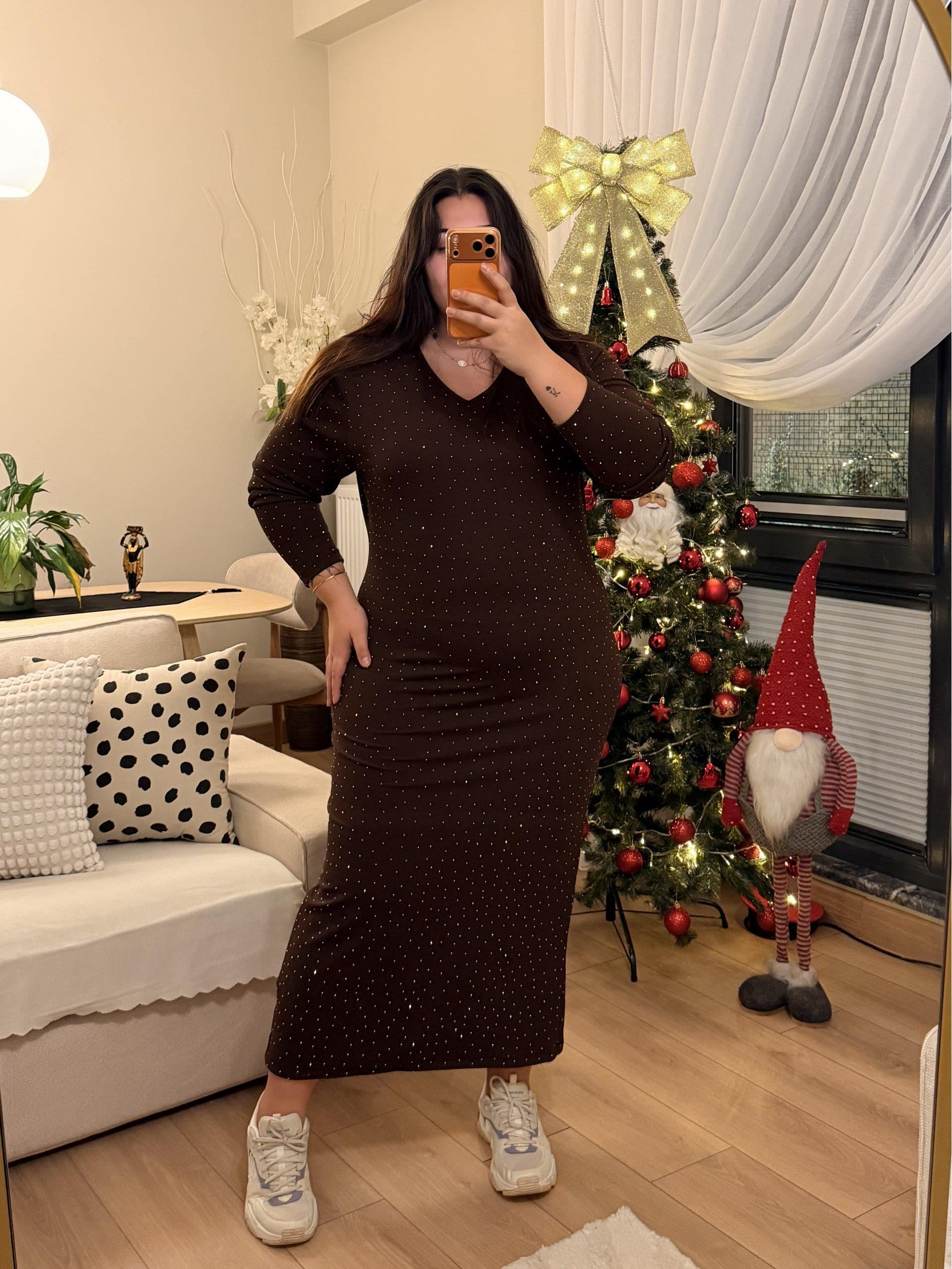 V Yaka Zara Krep Shine Elbise - Kahverengi