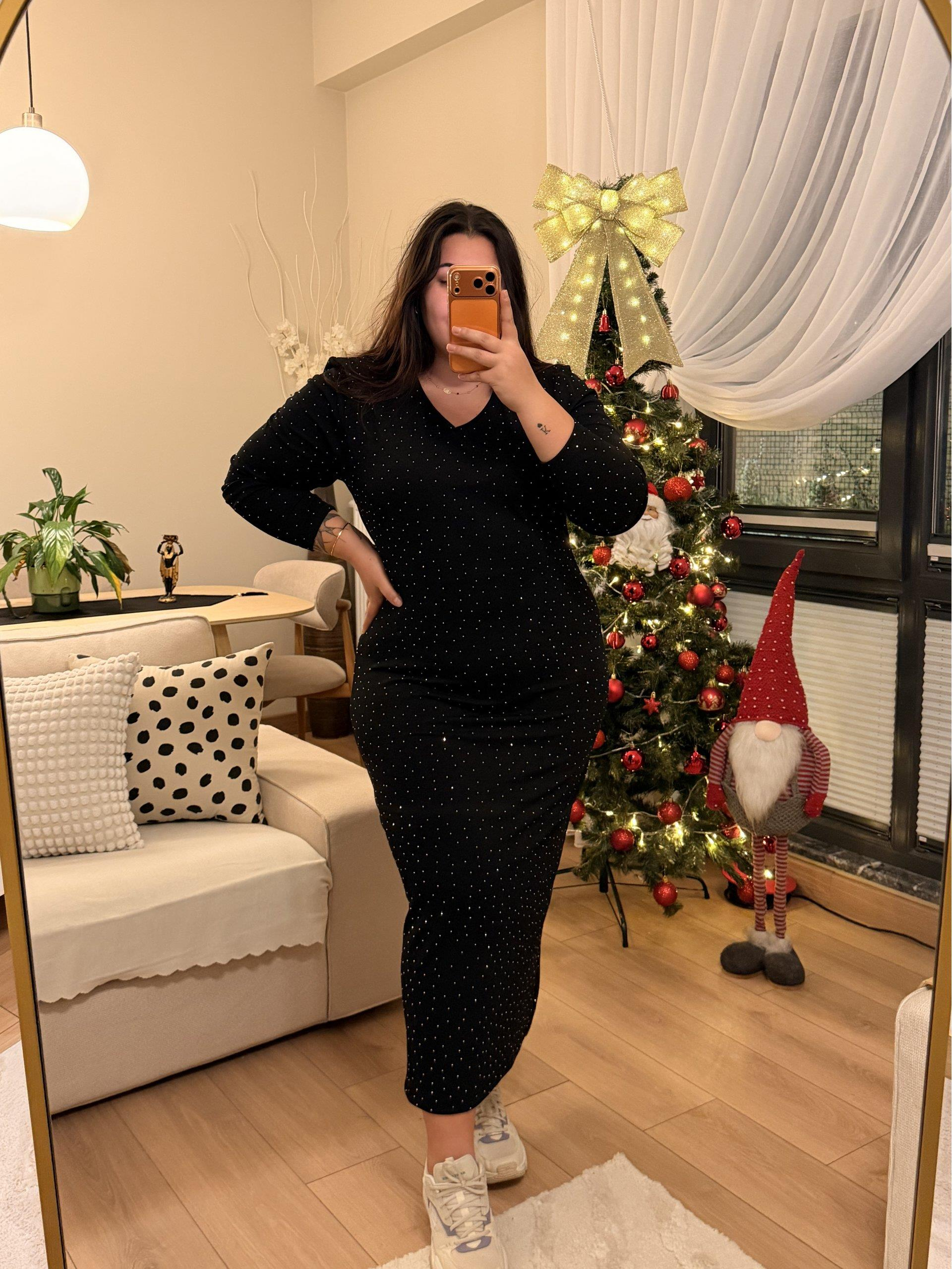 V Yaka Zara Krep Shine Elbise - Siyah