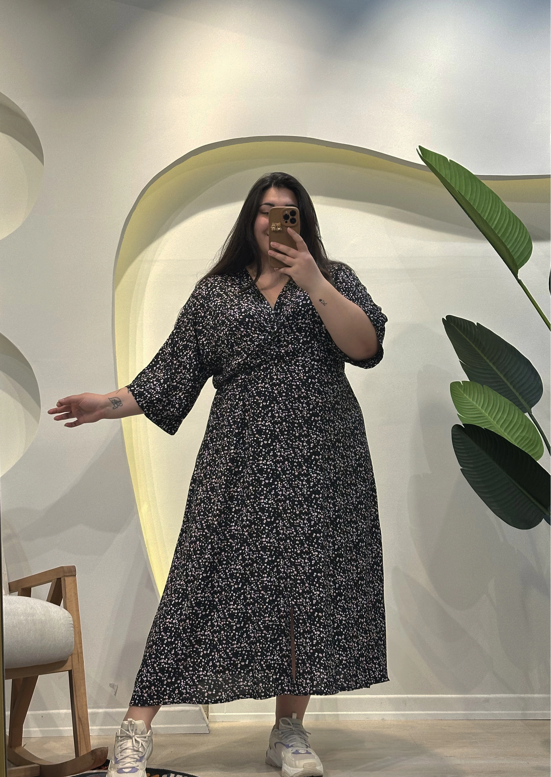 Yarasa Kol Beli Lastikli Viskon Elbise - Siyah Mini Çiçekli