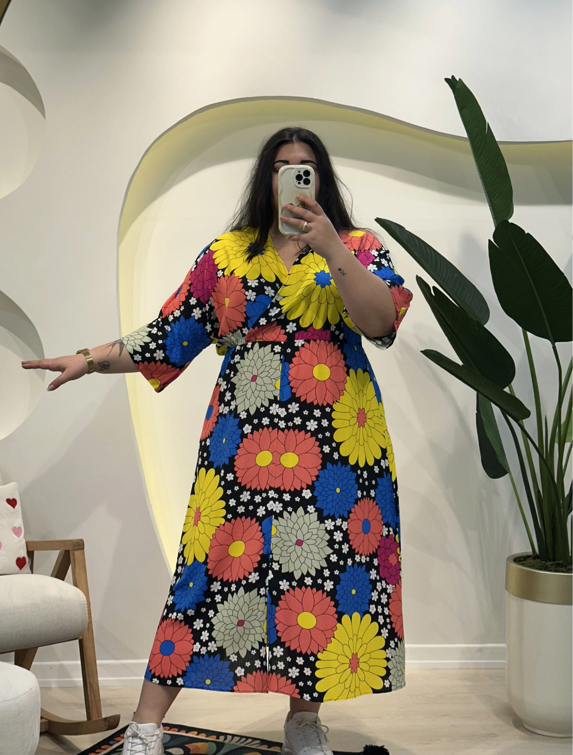 Yarasa Kol Beli Lastikli Viskon Elbise - Geometrik Çiçekli