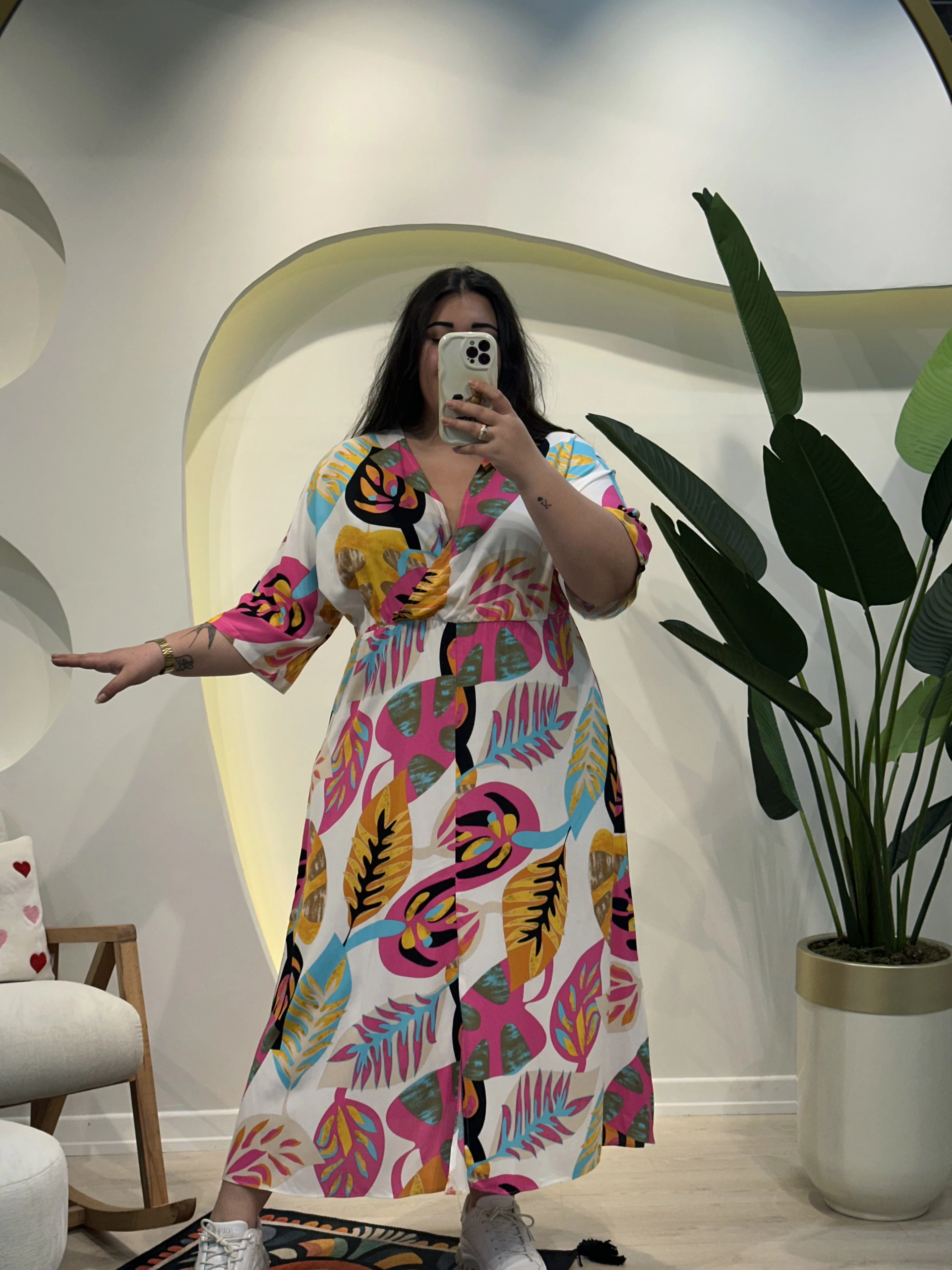 Yarasa Kol Beli Lastikli Viskon Elbise - Tropikal Desen