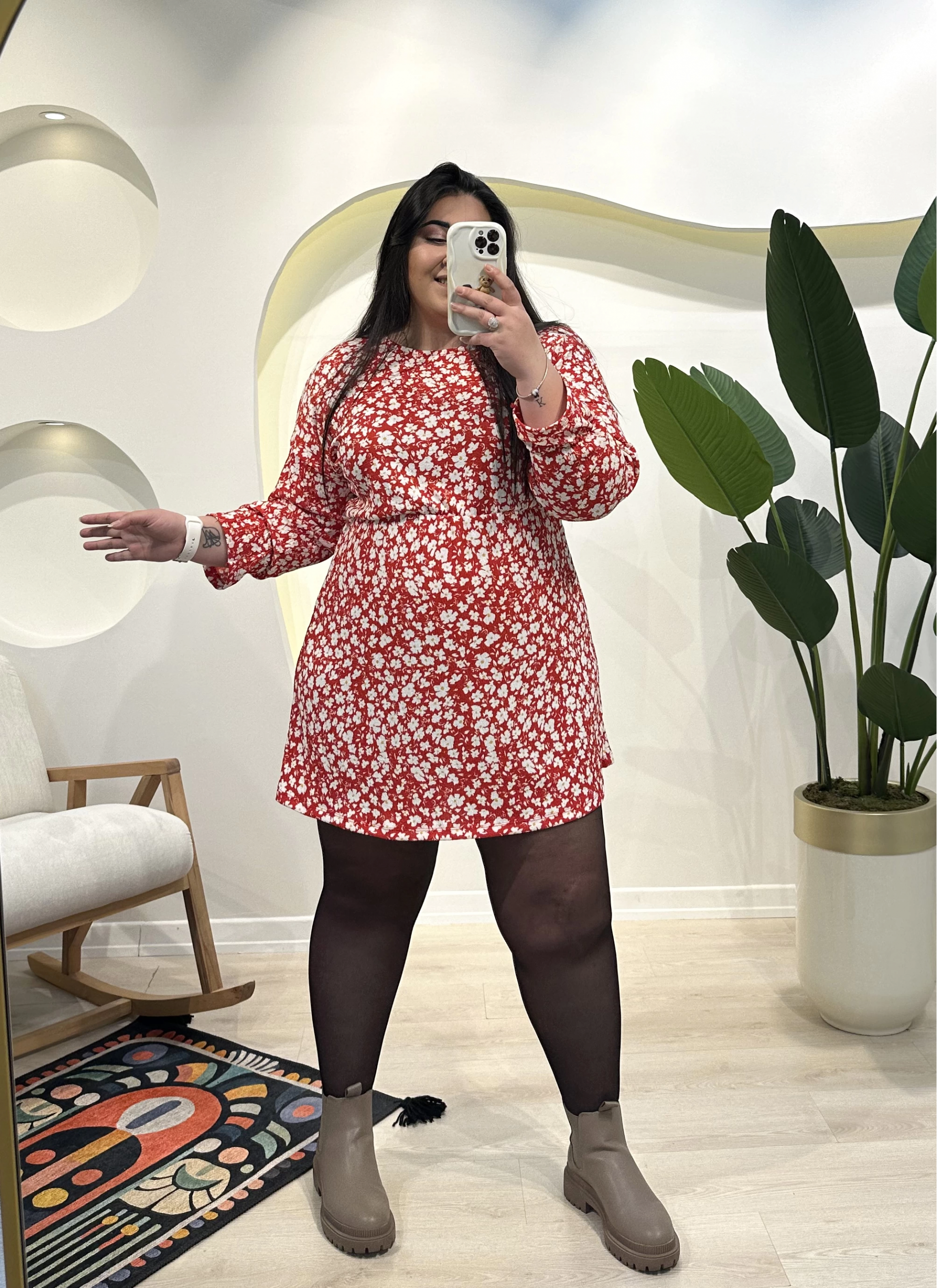 Yarasa Kol Bürümcük Mini Elbise - Kırmızı Çiçekli