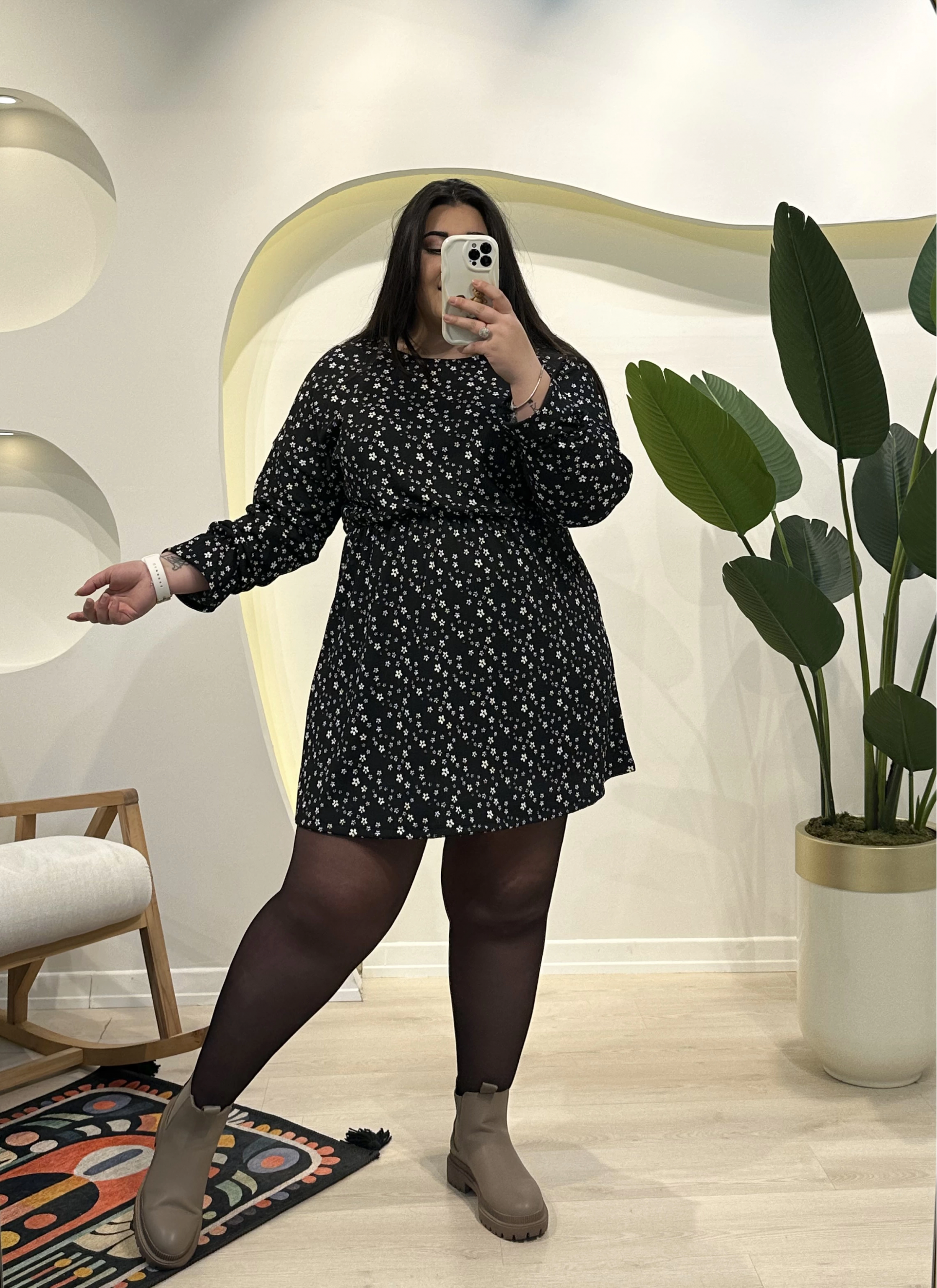 Yarasa Kol Bürümcük Mini Elbise - Siyah Çiçekli