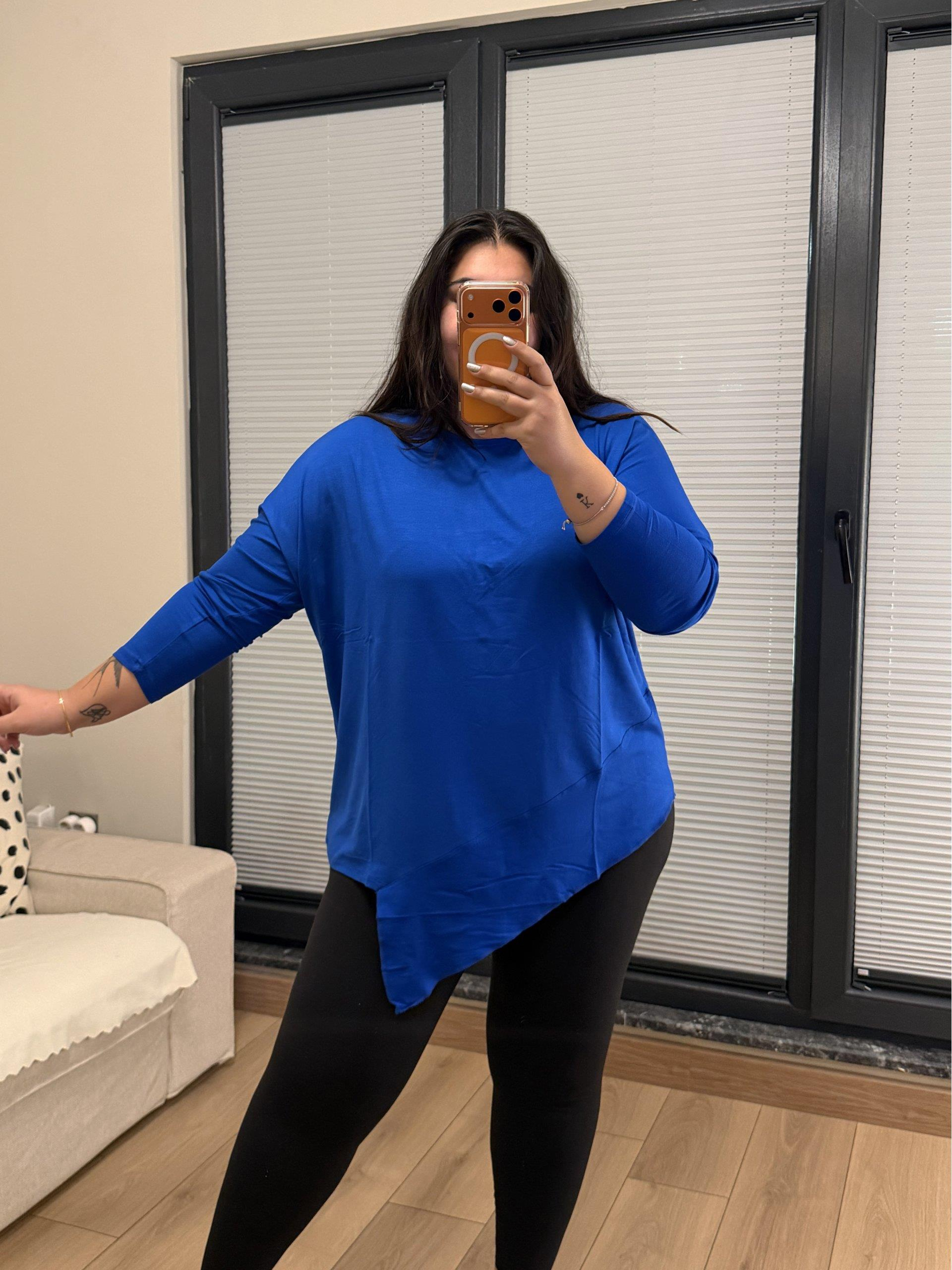 Yarım Asimetrik Modal Kumaş Esnek Bluz - Saks Mavi