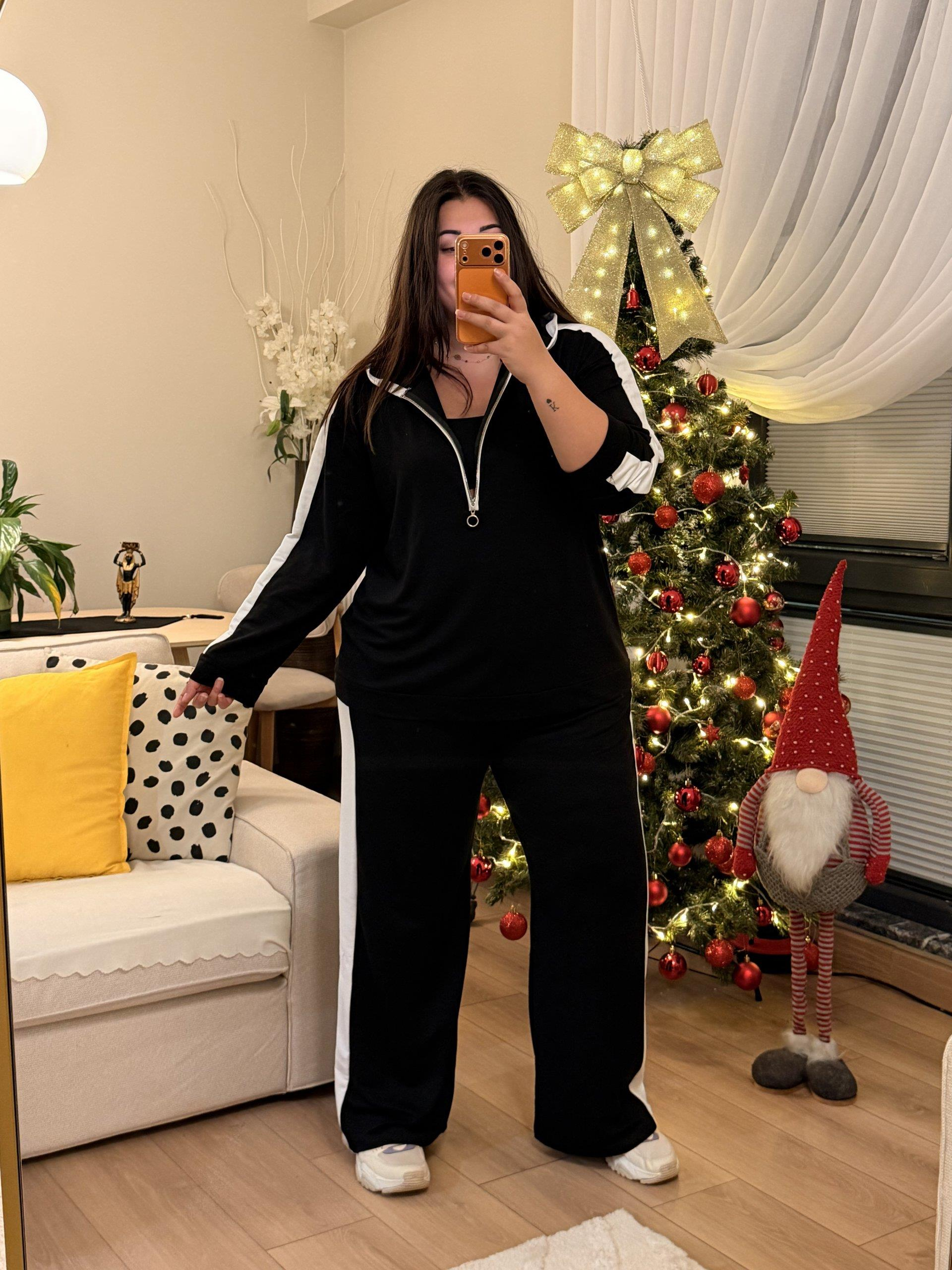 Yarım Fermuarlı Şeritli Kapüşonlu Takım - Siyah