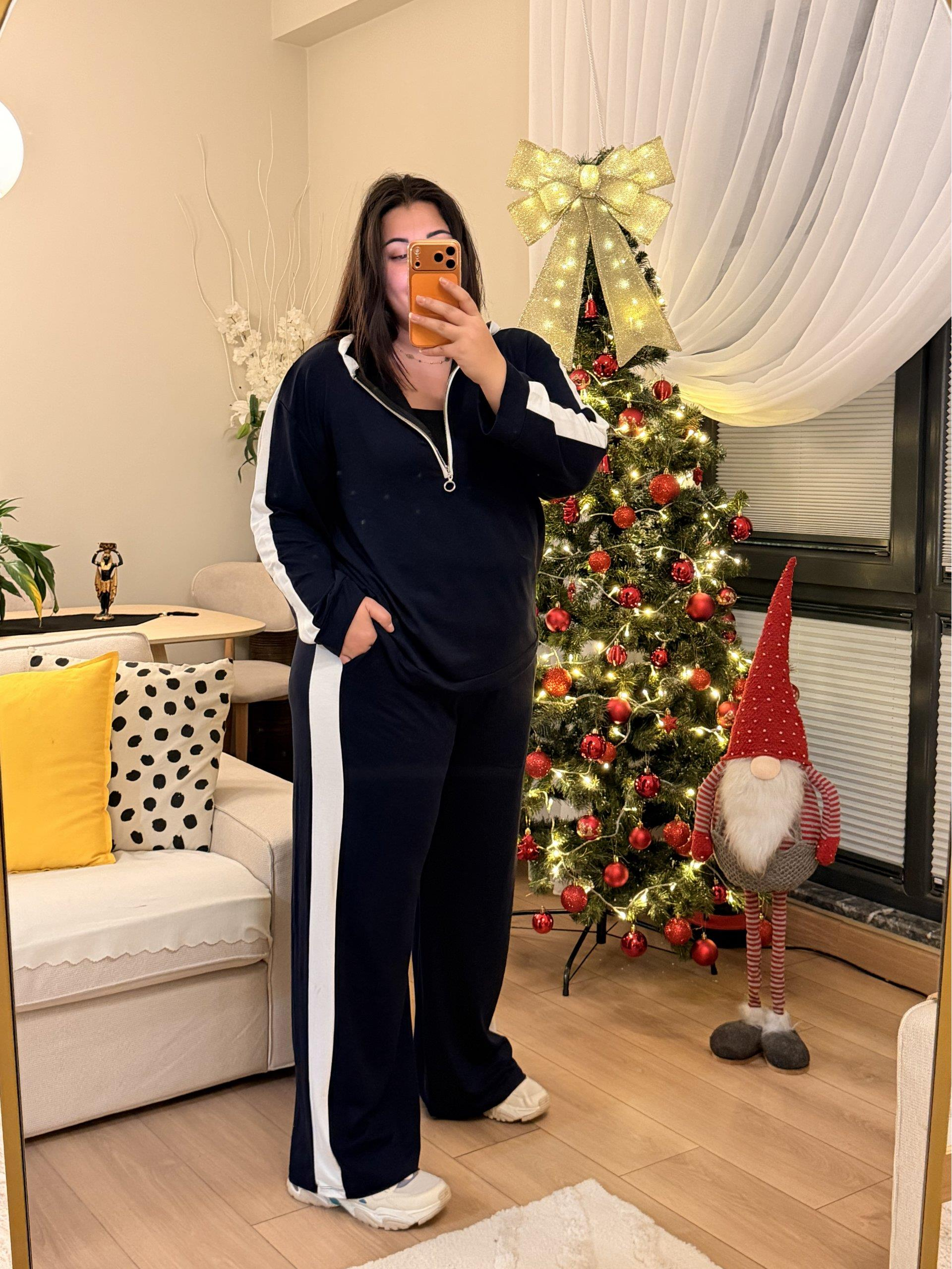 Yarım Fermuarlı Şeritli Kapüşonlu Takım - Lacivert