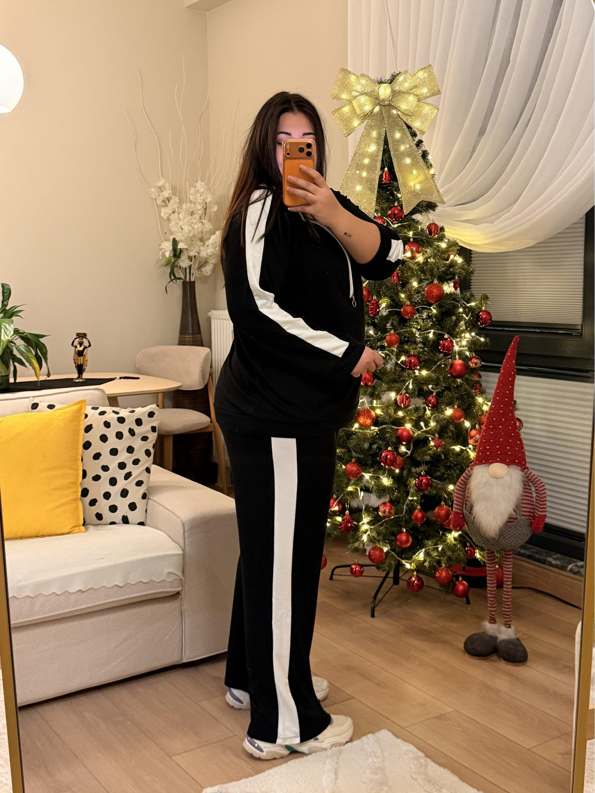 Yarım Fermuarlı Şeritli Kapüşonlu Takım - Siyah