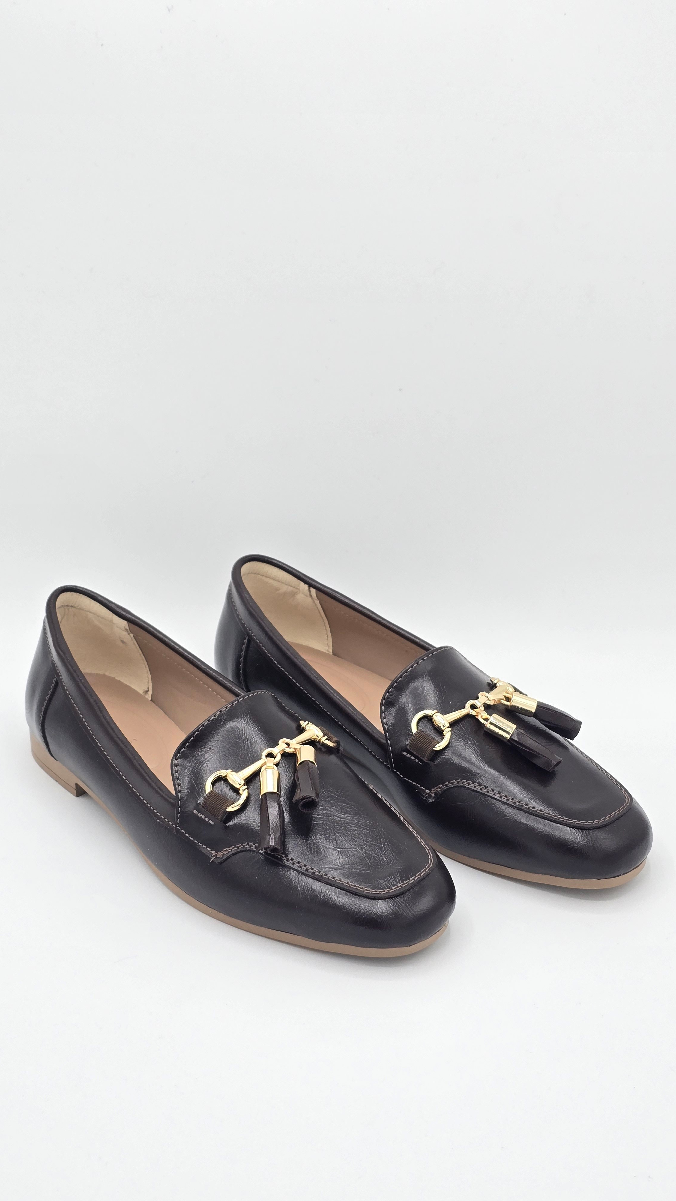  Luvestashoes Kahverengi Gold Tokalı Püskül Detaylı Günlük Klasik Loafer Babet