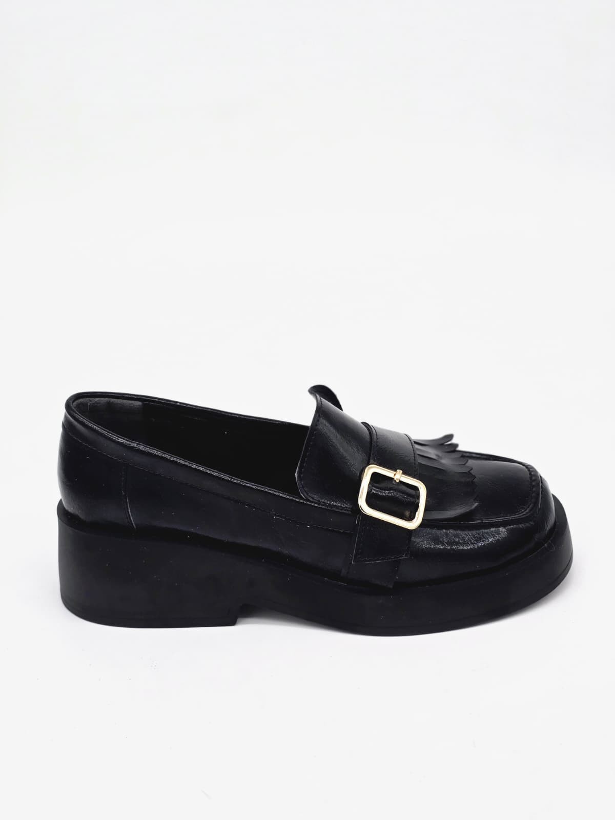 LUVESTA Black Glossy Fringe Chunky Loafer