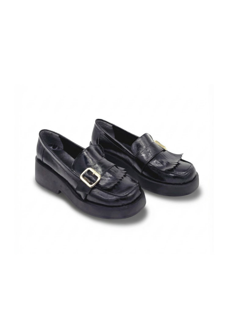 LUVESTA Black Glossy Fringe Chunky Loafer