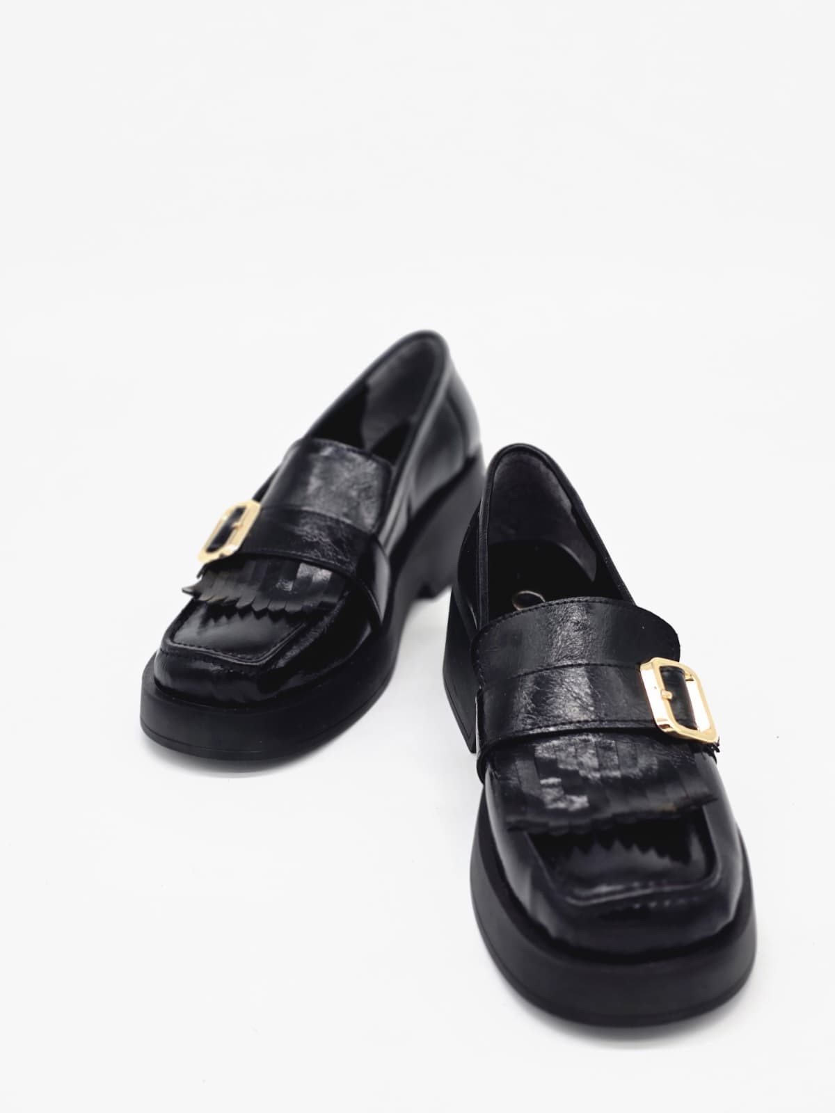 LUVESTA Black Glossy Fringe Chunky Loafer