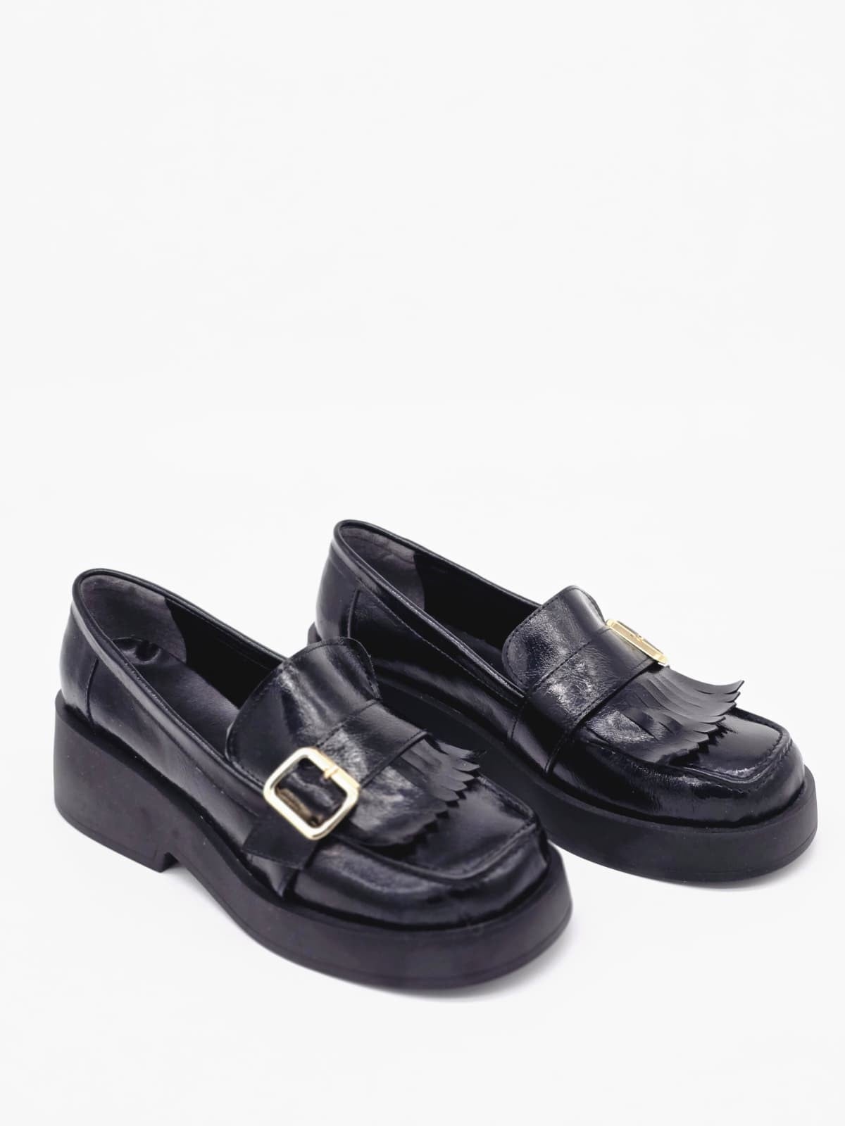 LUVESTA Black Glossy Fringe Chunky Loafer
