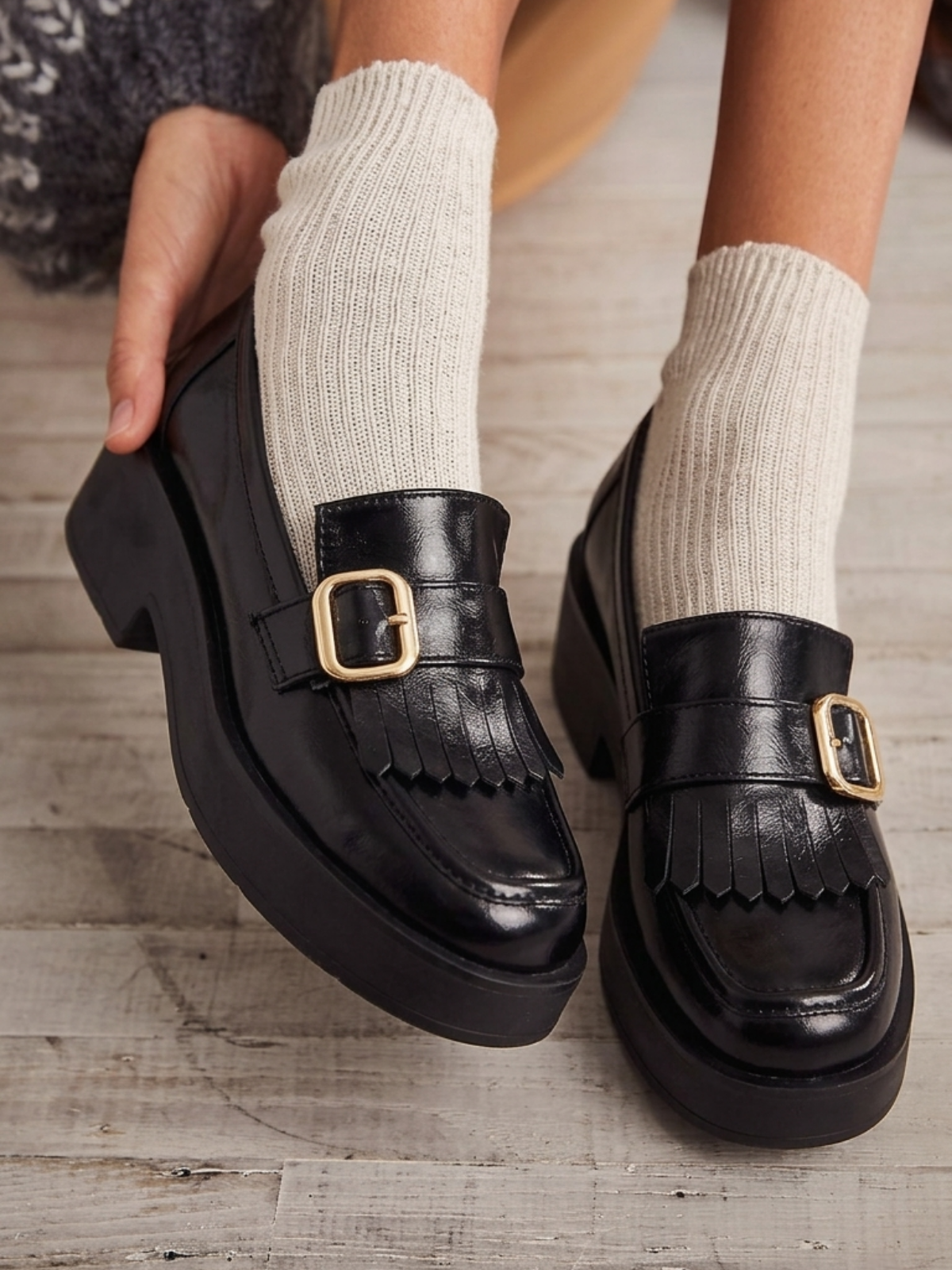 LUVESTA Black Glossy Fringe Chunky Loafer