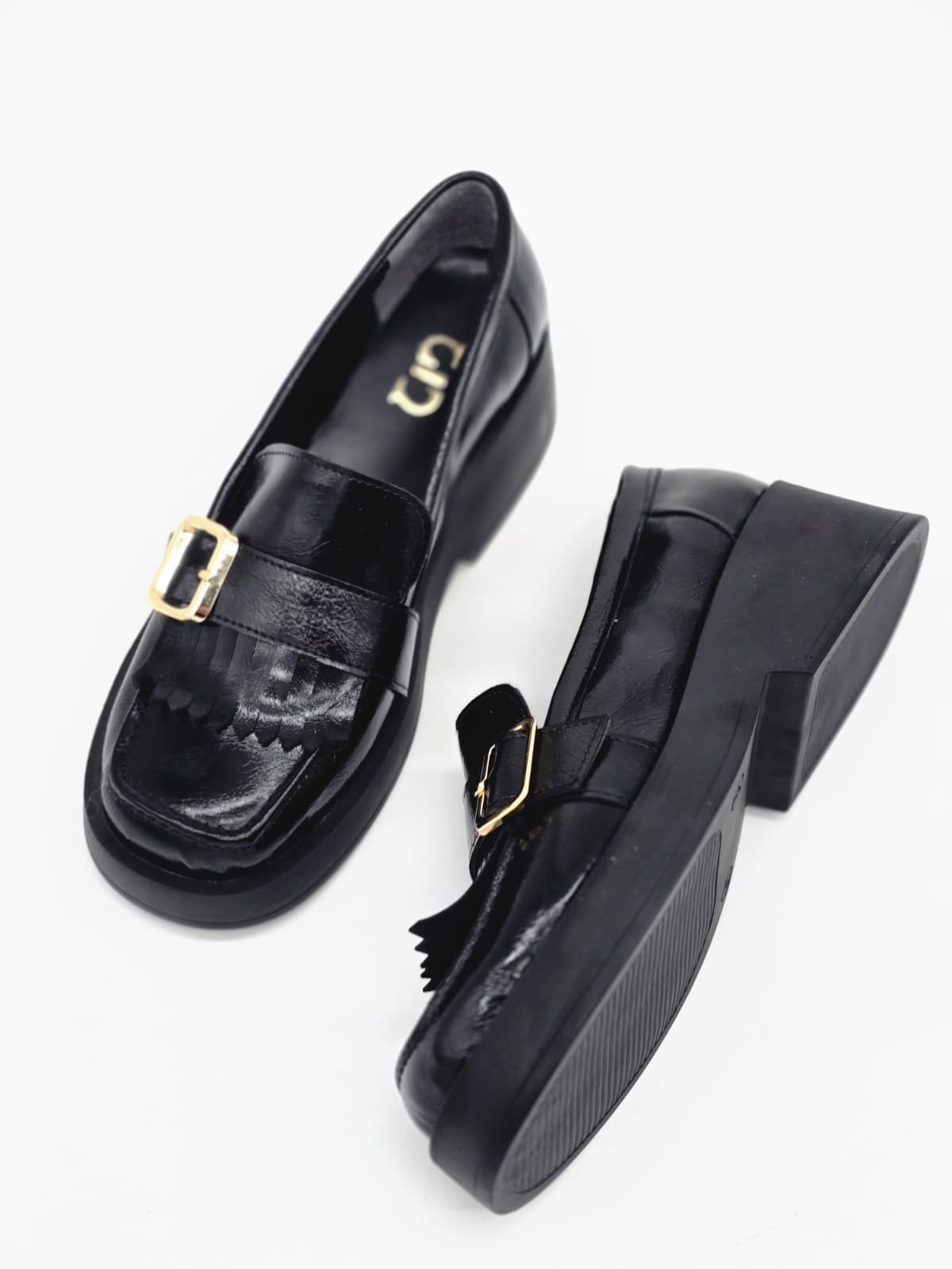 LUVESTA Black Glossy Fringe Chunky Loafer