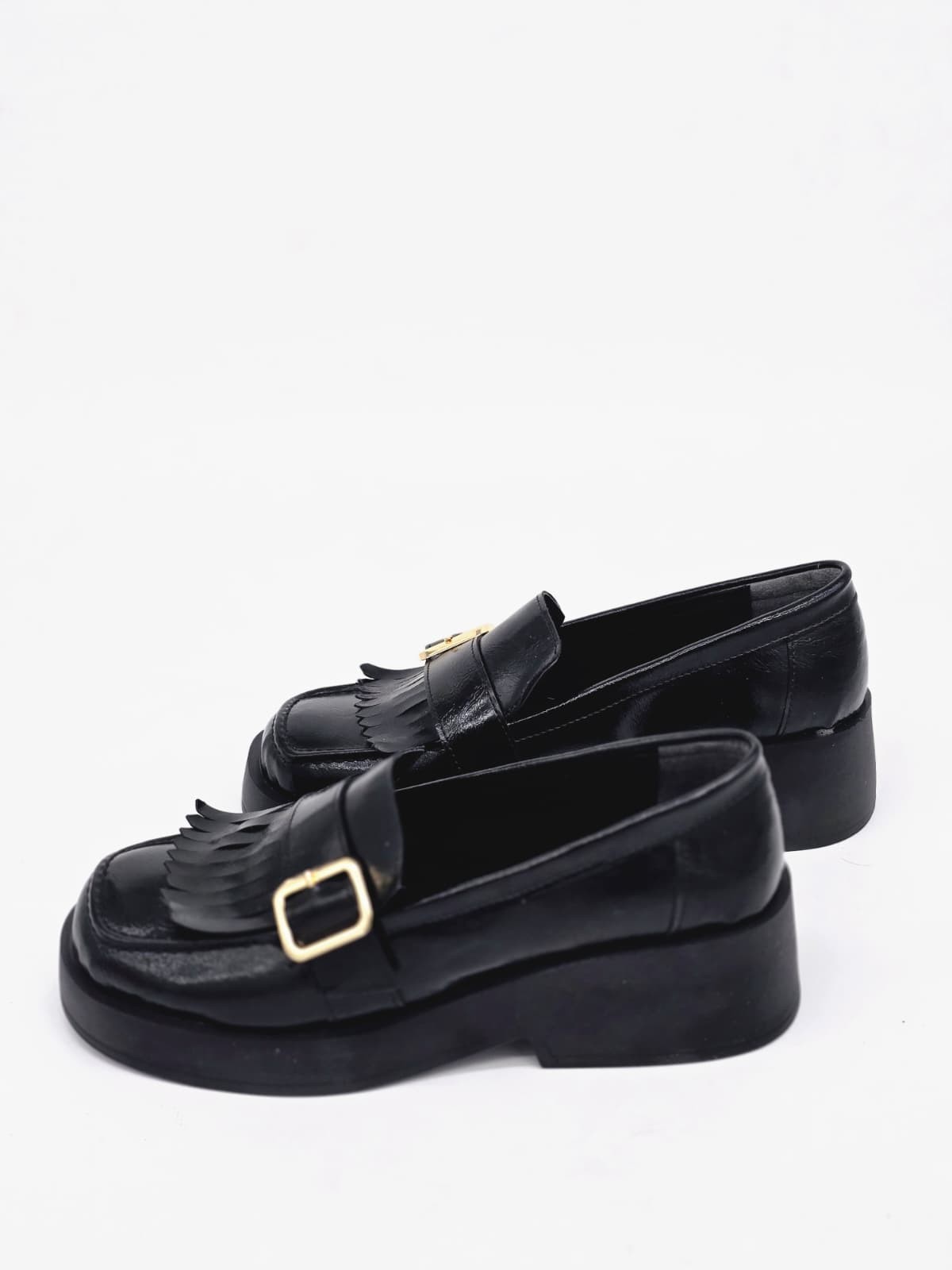 LUVESTA Black Glossy Fringe Chunky Loafer