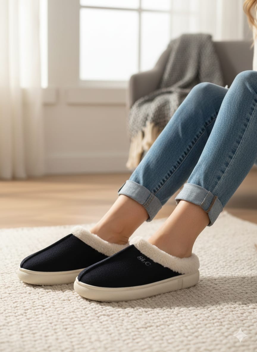 Luvesta CozyStep – Premium Süet Dokulu Kürklü Ev Terliği – siyah