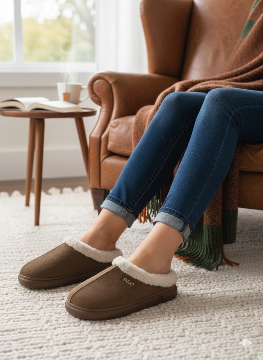 Luvesta CozyStep – Premium Süet Dokulu Kürklü Ev Terliği – Taba